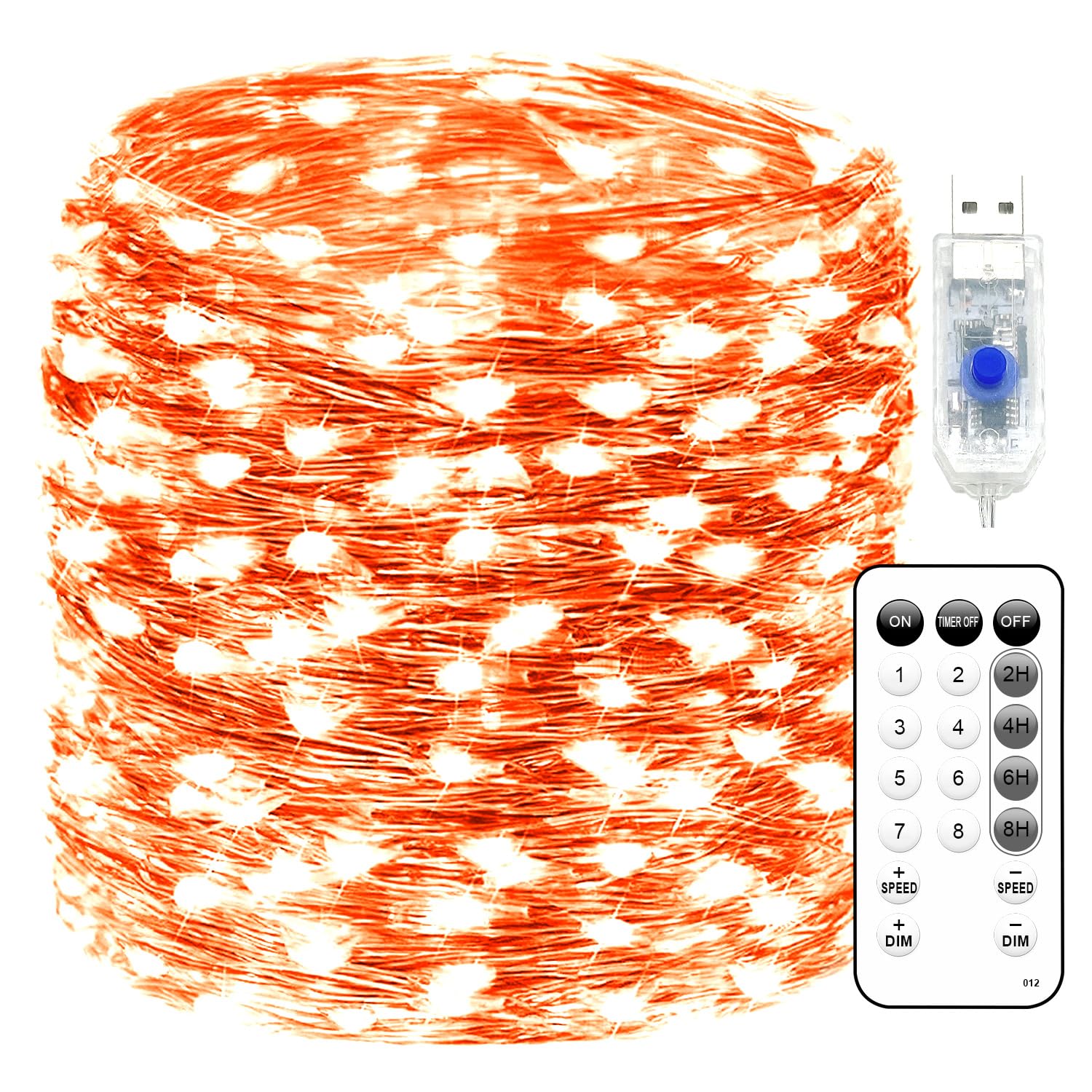 Fairy Lights 66ft 200 LED USB Twinkle String Lights Plug in Silver Wire Lights with Remote and Timer 8 Modes Outdoor Waterproof Starry Lights DIY Party Wedding Christmas Decoration(Orange)