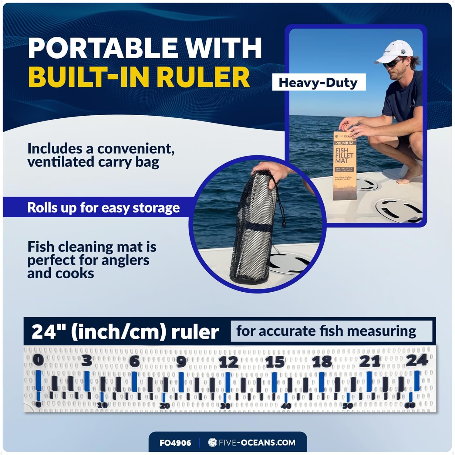 Five Oceans Fish Fillet Mat 28"x14" - Non-Slip Roll-Up Cutting Board for Boat & Fishing - Heavy-Duty, UV & Saltwater Resistant - FO4906