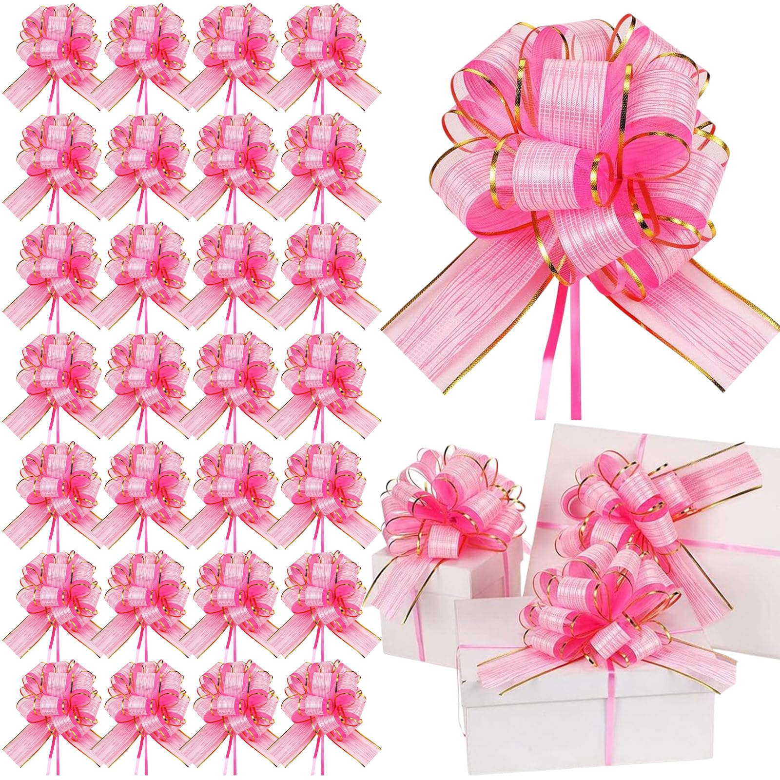 Juexica 30 Pcs Large Christmas Pull Bows for Gift Wrapping 6 Inch Waterproof Ribbon Bow for for Valentine Xmas Wrapping Boxes Gift Decorations(Pink Gold)