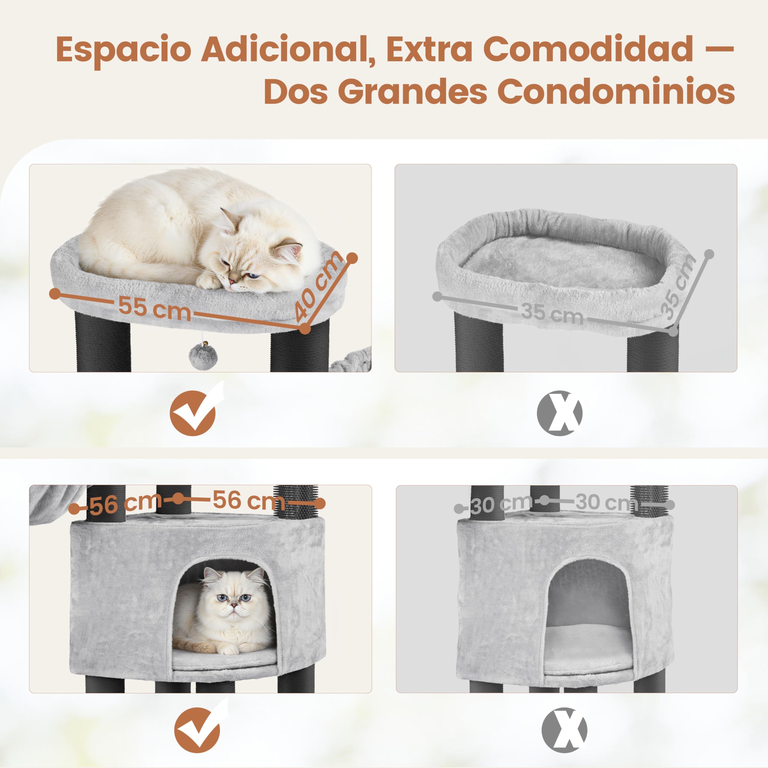 Árbol para Gatos Multinivel Torre Rascadora para Gatos con Postes Rascadores Gruesos 2 Cepillos Rodillos Percas Condominio Cestas Bola Colgante para Gatos Grandes Gris Claro/Negro