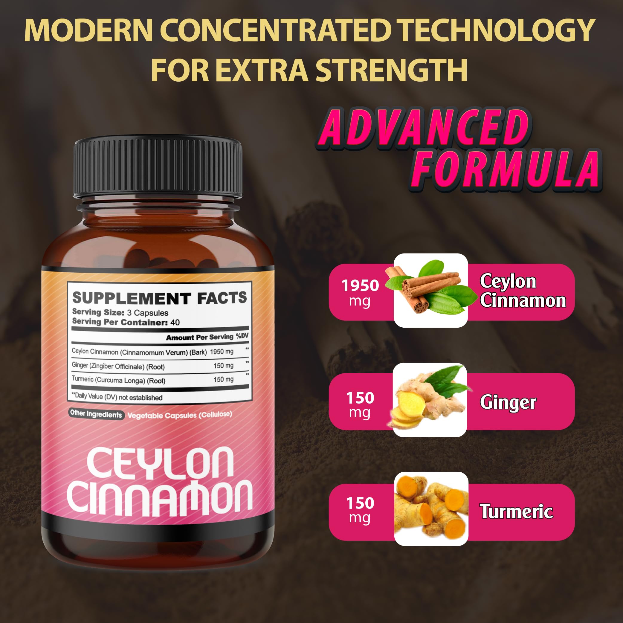 Ceylon Cinnamon Capsules - Combined with Ginger Root and Turmeric Curcumin Supplement - 120 Vegan Capsules — Amazon image 2