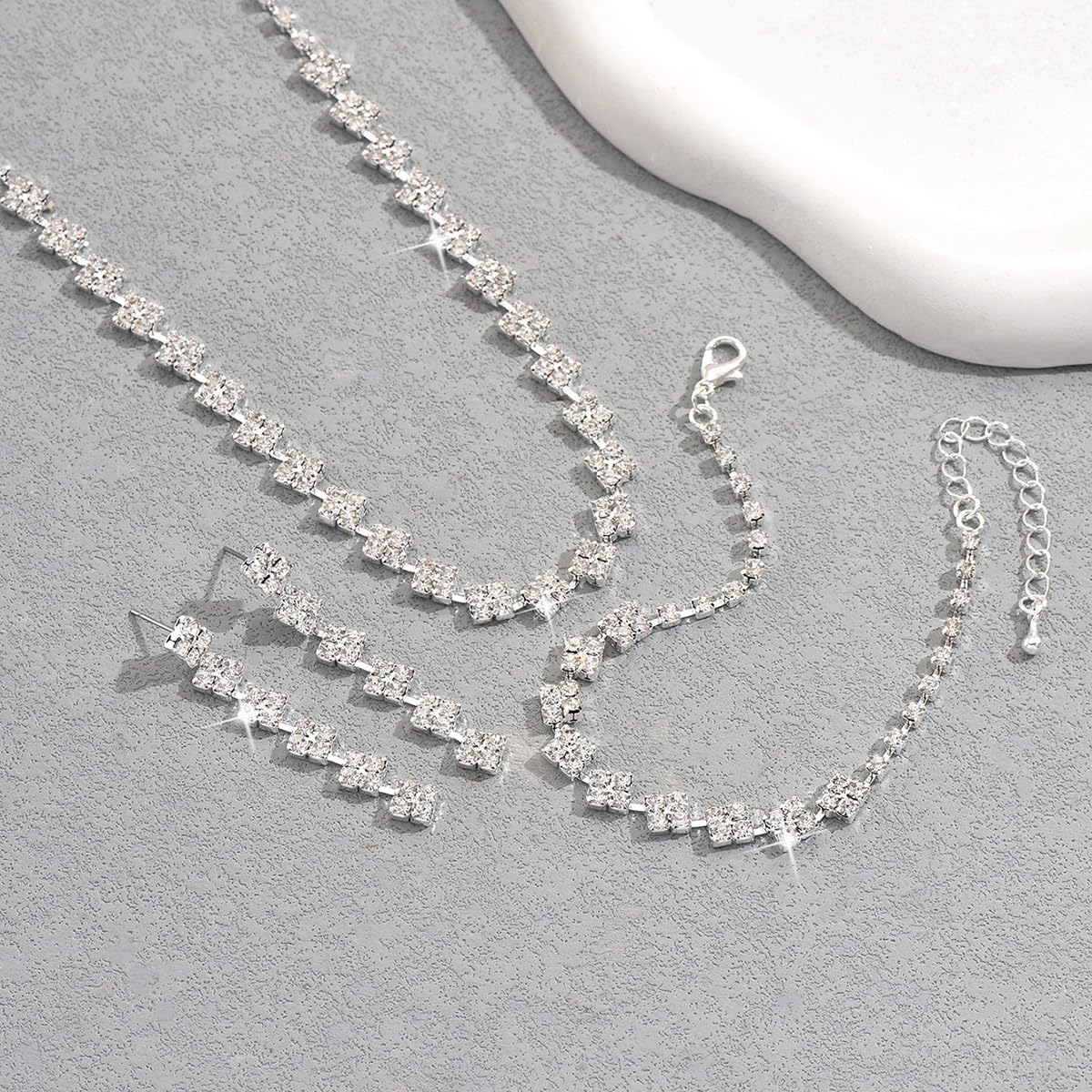 Silver Wedding Jewelry Set for Women Brides Rhinestone Necklace Bracelet Dangle Earrings Sets for Bride Bridesmaid Crystal Prom Costume Jewelry Accessories Formal Jewelry for Women Evening Wear - Image 6