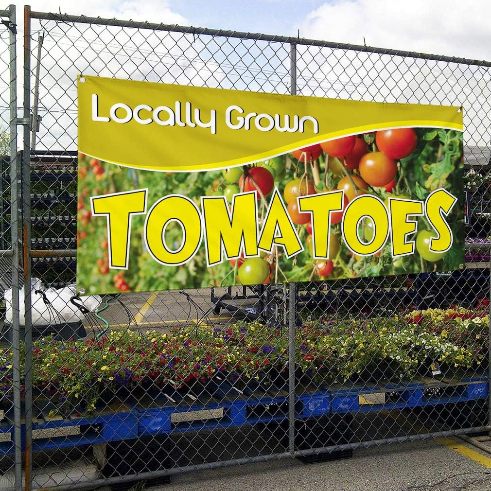 Vinyl Banner Sign Locally Grown Tomatoes Business Locally Grown Tomatoes Outdoor Marketing Advertising Yellow - 24inx48in, 4 Grommets, One Banner