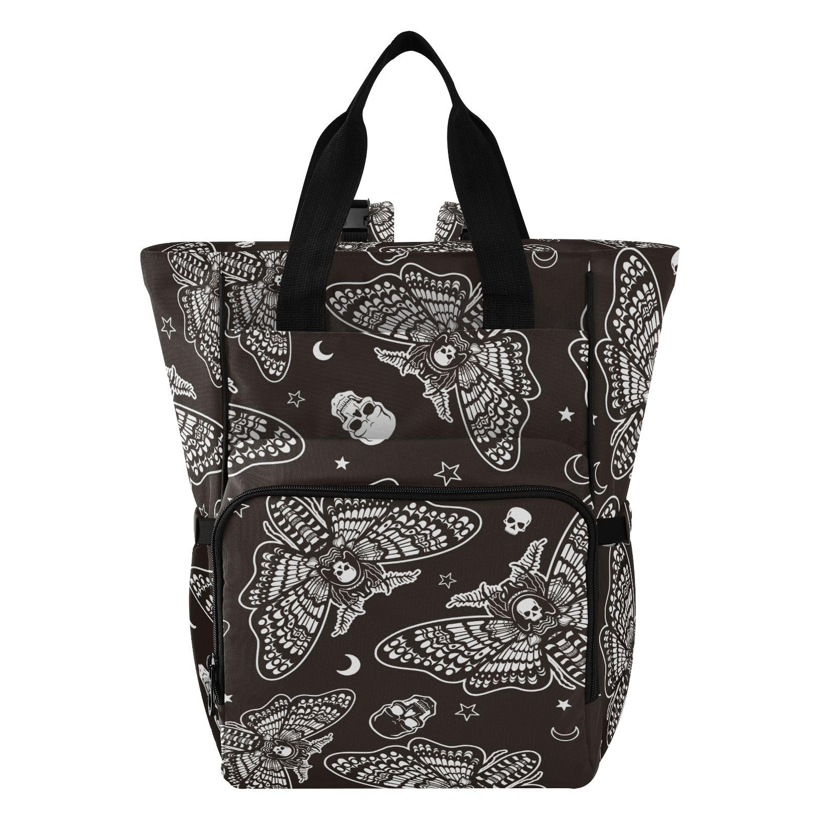 MNSRUU Diaper Bag Moth Skull Moon Esoteric Diaper Bag Backpack Multifunction Travel Diaper Bag Tote Large Capacity Diaper Changing Backpacks for Moms