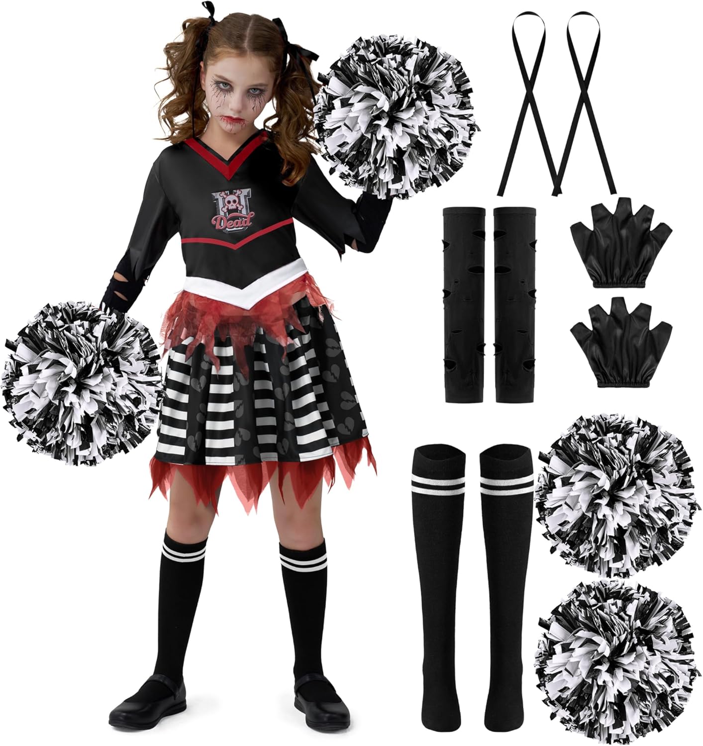 Spooktacular Creations Kids Halloween Cheerleader Costume, Zombie Cheerless Costume for Girls, Dead Cheer Outfit Toddlers Black Small(5-7 yrs)