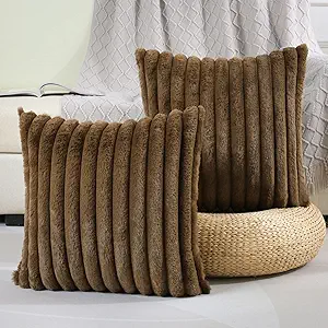 FUTEI Tan Striped Decorative Throw Pillow Covers 26x26 Inch Set of 2,Square Winter Decorations Couch Euro Pillow Shams,Soft Cozy Faux Rabbit Fur & Velvet Back,Modern Home Decor for Bed