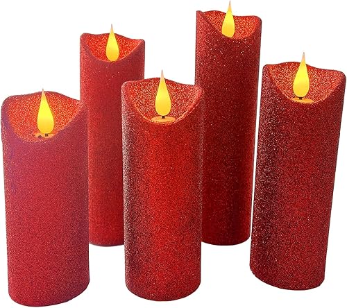 Miniatura 2 de Velas parpadeantes sin llama que funcionan con pilas, sin perfume, con temporizador y control remoto, juego de 5 velas LED de cera roja con purpurina