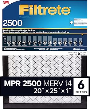 Filtrete 20x25x1 Furnace Filter, MPR 2500, MERV 14, Clean Living Basic Dust 3-Month Pleated 1-Inch Air Filters, 6 Filters