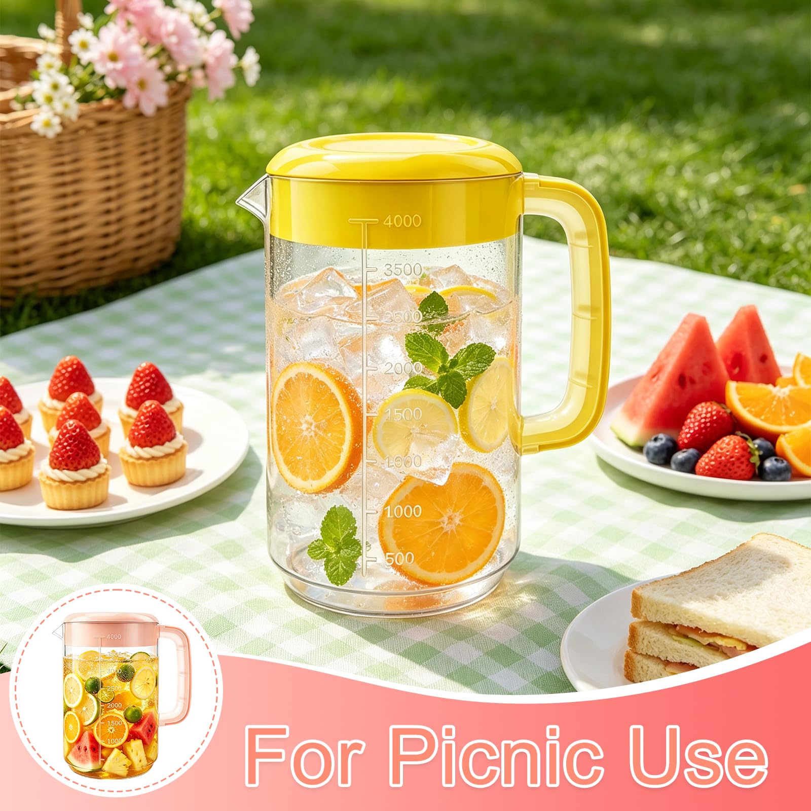 Nexboraque Paquete de 2 jarras coladoras de plástico de 1 galón con tapa, jarra de agua grande con asa y medidas para bebidas frías, jarra de té helado para limonada, leche, jugo, bebidas, rosa,