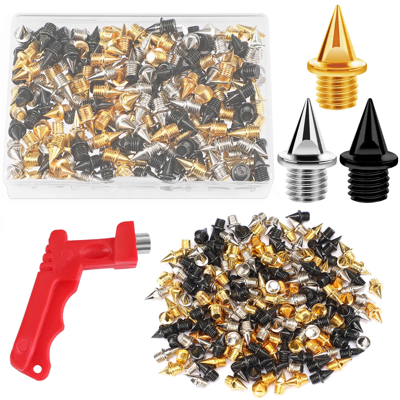 JULMELONJULMELON 120PCS 1/4inch Stainless Steel Track and Cross Country Spikes Golf Shoe Spikes with Spike Wrench, Replacement Spikes for Sprint Sports Short Running Track Shoes(Gold, Silver, Black)
