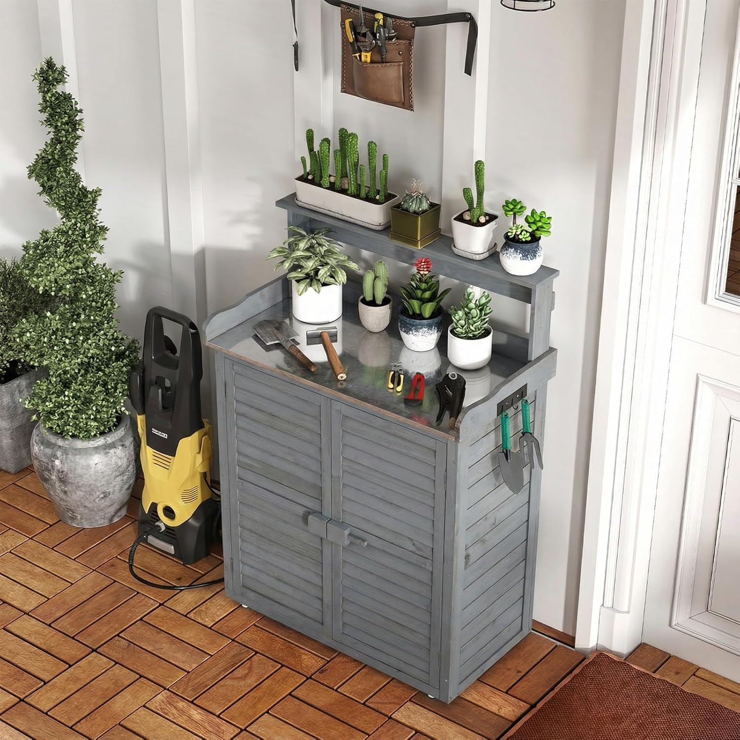 RELAX4LIFE Pflanztisch Outdoor, Gartentisch Holz mit Unterschrank, Verzinkter Arbeitsplatte, Abnehmbaren Regalen & Haken, Arbeitstisch wetterfest für Garten, Hof, Terrasse, 87 x 45 x 120 cm, Grau