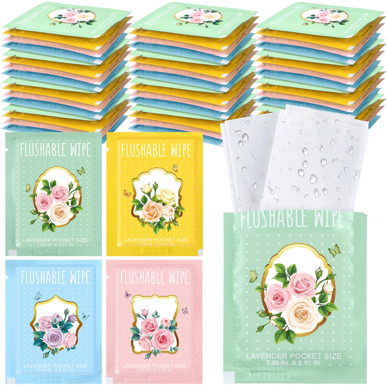 40 Pack Flushable Wipes for Adults Individually Wrapped Wet Wipes Hand Travel Size Flower Unscented Bulk for Women Men Fragrance Free Bathroom
