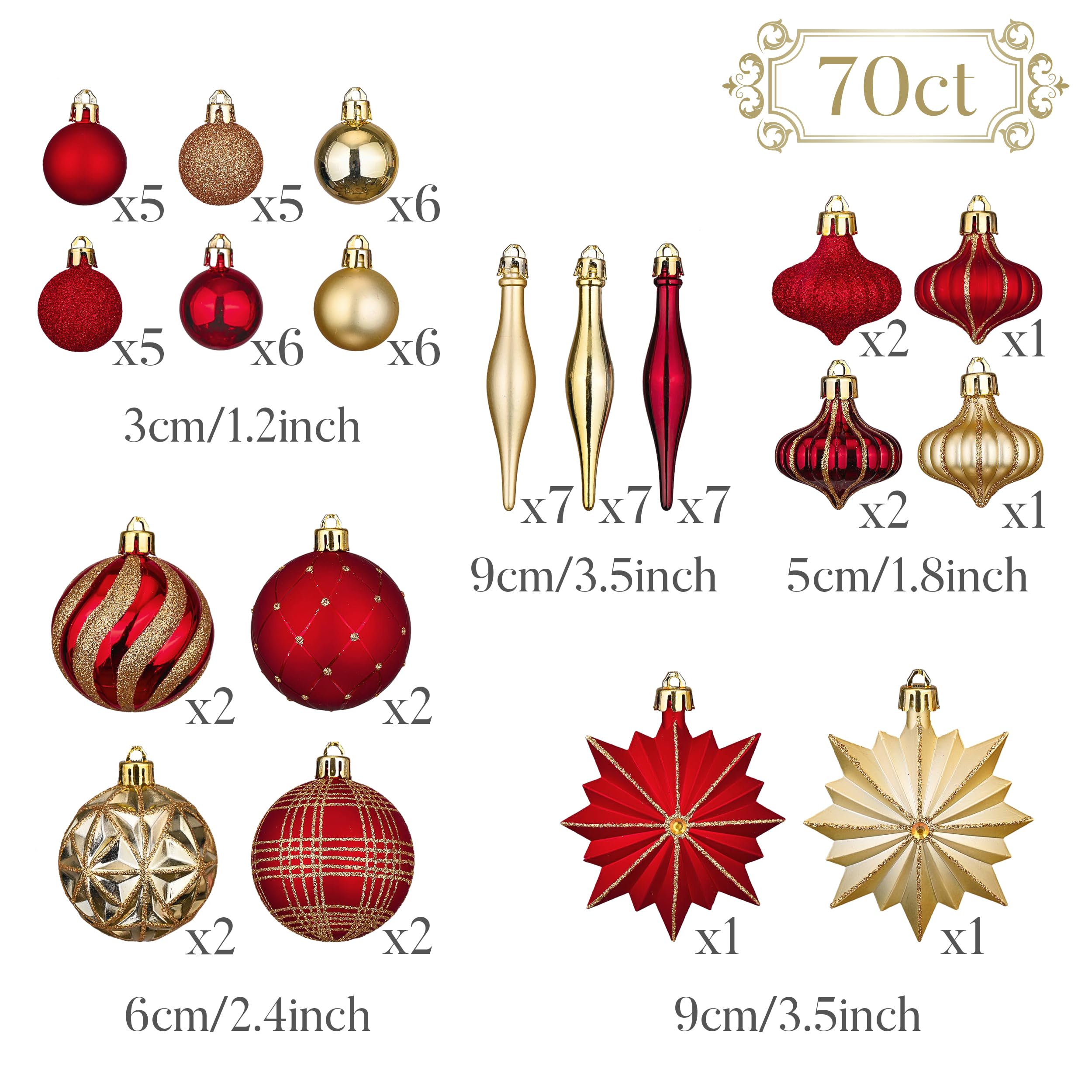 Valery Madelyn Weihnachtskugeln 70 Stück Kunststoff Christbaumkugeln,Christbaumschmuck hängend Glänzend Glitzernd Matt Weihnachtsbaumschmuck Dekoration Thema Rot Gold(L)