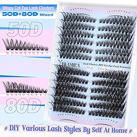 Yawamica Lash Extension Kit 50D 80D Cat Eye Lashes Clusters Kit 7-16mm Wispy Cluster Eyelash Extensions Kit D Curly Eyelash Clusters 240pcs Individual Lashes with Bond and Seal Lash Tweezers DIY Lash