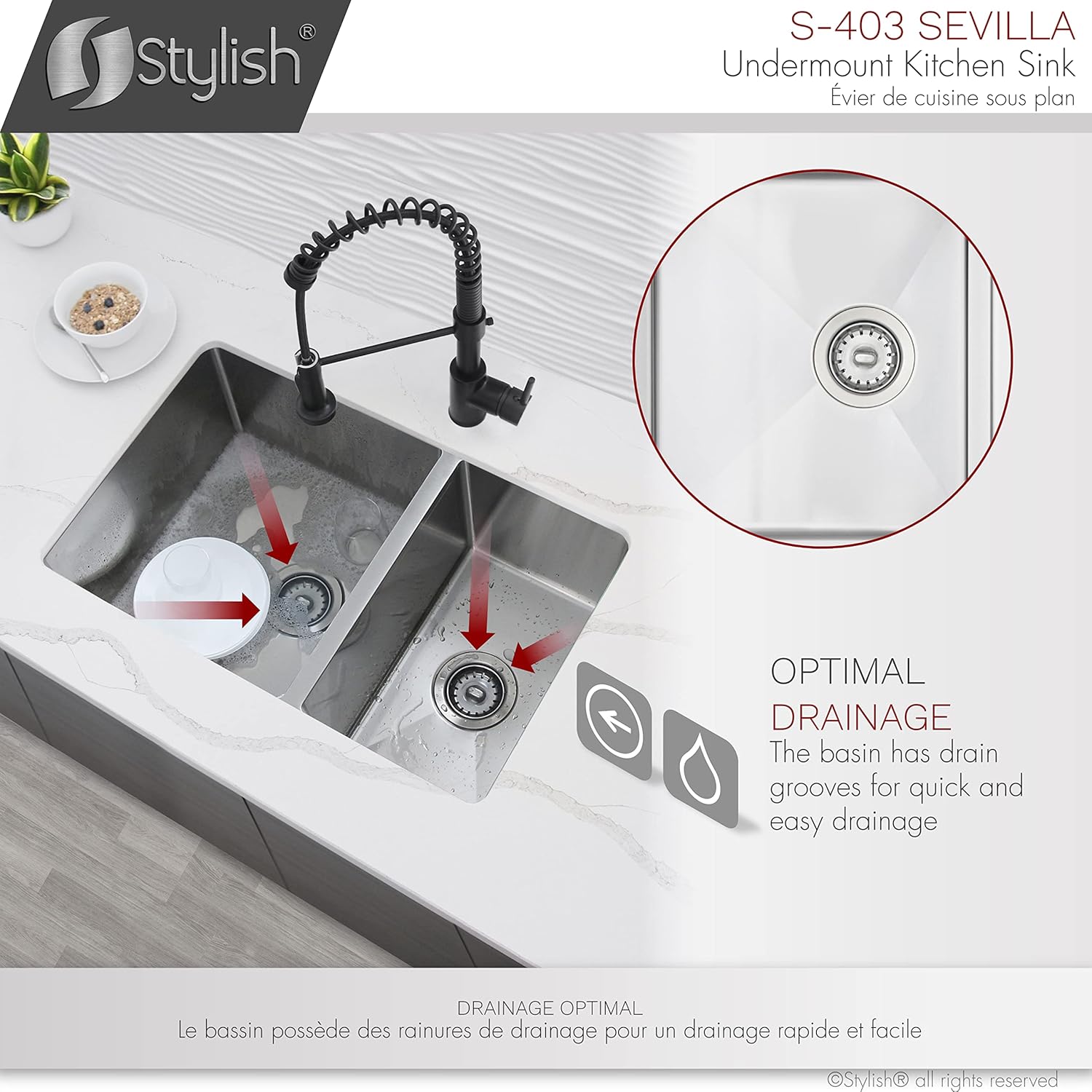 Stylish 28 x 18 Inch Undermount Kitchen Sink 9 Inches Deep Reversible 10mm Radius Corners 18G Double Bowl Stainless Steel Sink with Standard Metal Strainers, S-403