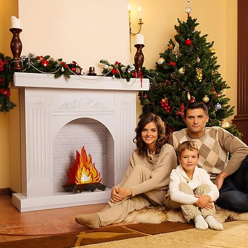 Miniatura 5 de Pajean Chimenea de cartón de Navidad para bricolaje, gran chimenea de cartón blanco con fuego falso 3D, centro de mesa de pie para fiesta de