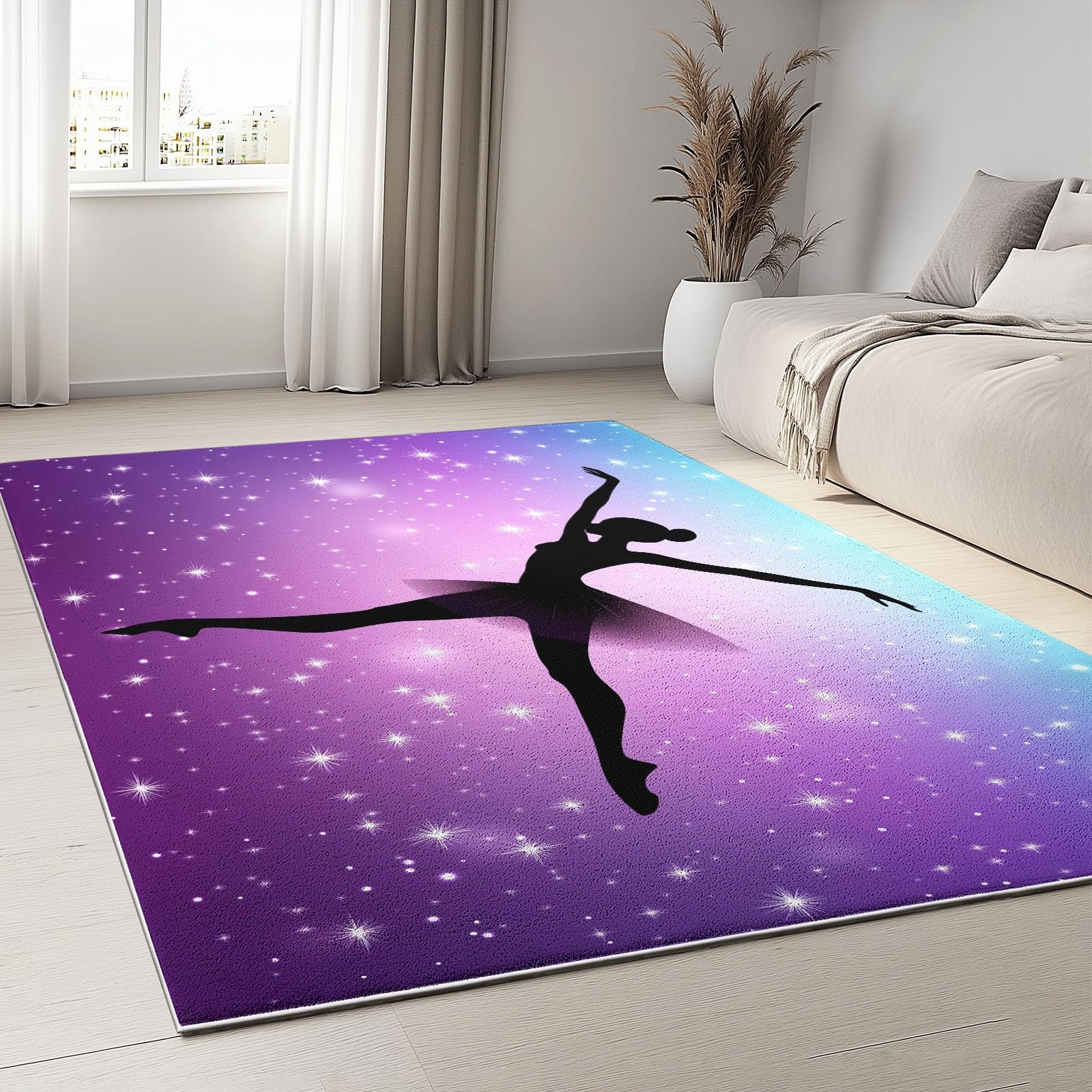 Tappeto Soggiorno 80x150 cm, Tappeto Salotto Ragazza ballerina cielo stellato viola Morbido Scendiletto Camera da Letto Viola Tappeti Lavabili per Cameretta Bambino Ufficio Cucina