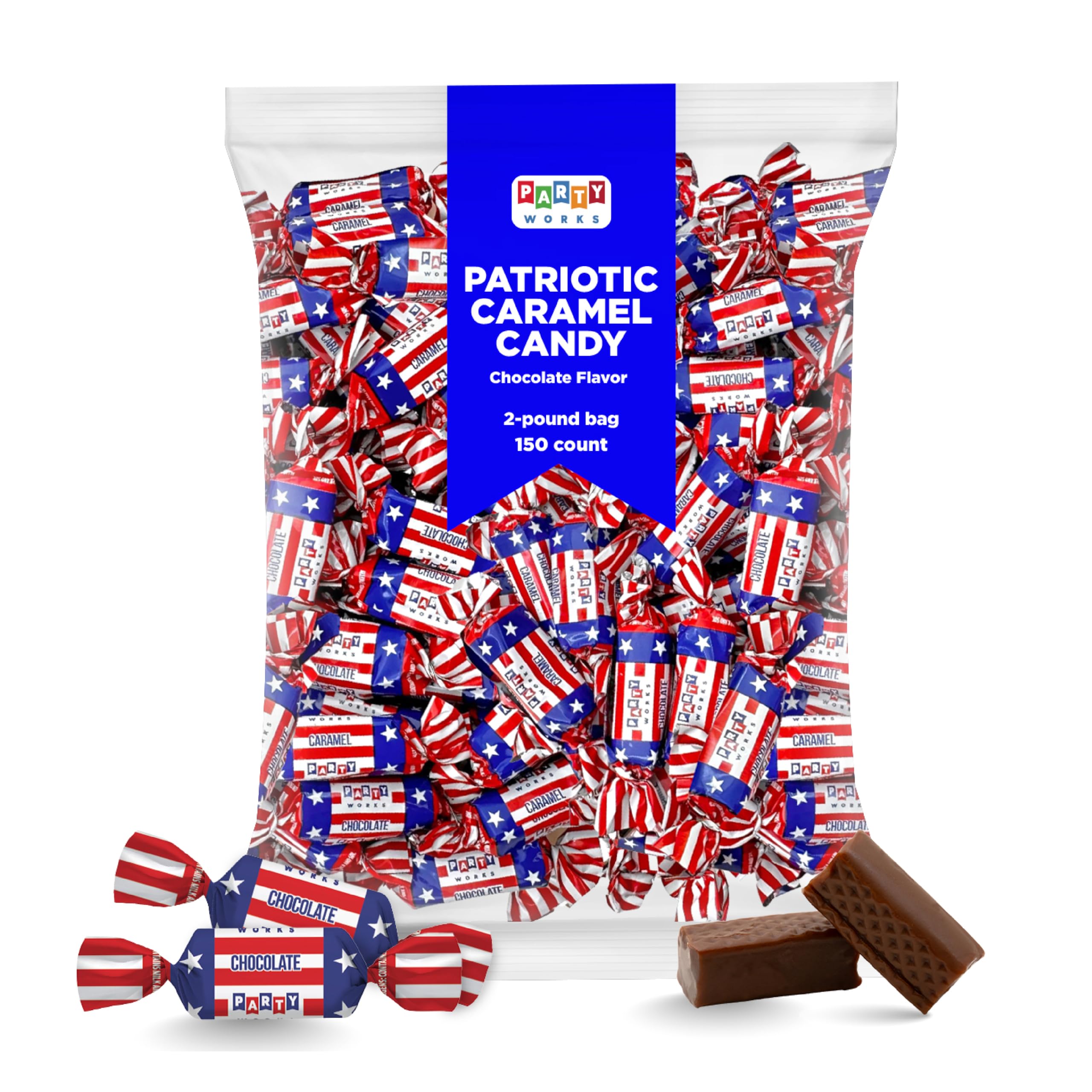 PartyWorks Patriotic Candy - 2 Pound Pack (About 150 Count) - Chocolate Flavored Caramels - Fourth of July Candy Bulk - Individually Wrapped Red White Blue Taffies