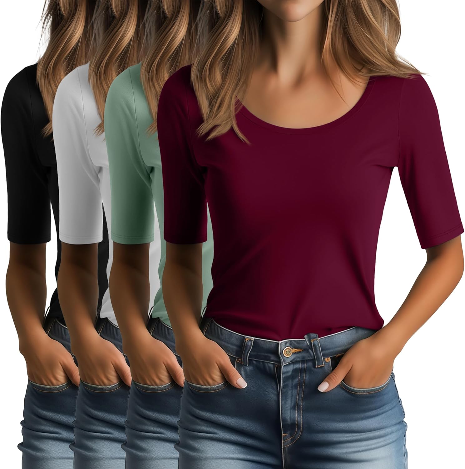 Ficerd 4 Pack Women's Scoop Neck Stretchy Tops Half Sleeve Slim Fit T-Shirts Tight Casual Basic Summer Tees