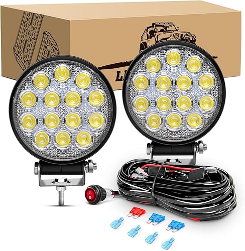 GOOACC 2 luces LED redondas LED de 4.5 pulgadas y 42 W, luz de inundación LED todoterreno de 4200 lúmenes, luces de parachoques con kit de arnés de