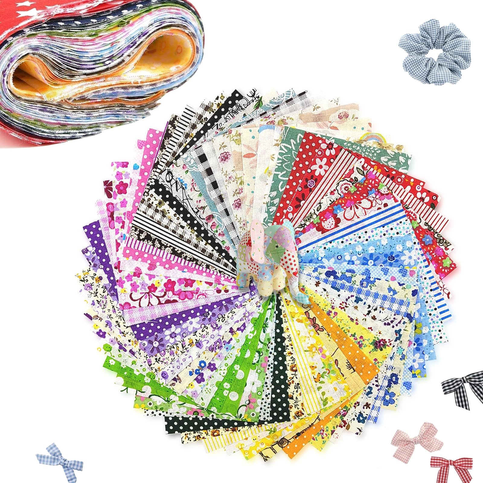 50pcs Fat Quarter Fabric Squares, 10 X 10 cm Squares Patchwork Fabric Bundles for Quilting, Multi-Color Mixed Precut Patchwork with Floral Pattern for Artcraft Sewing, Bag Making, Textile Painting