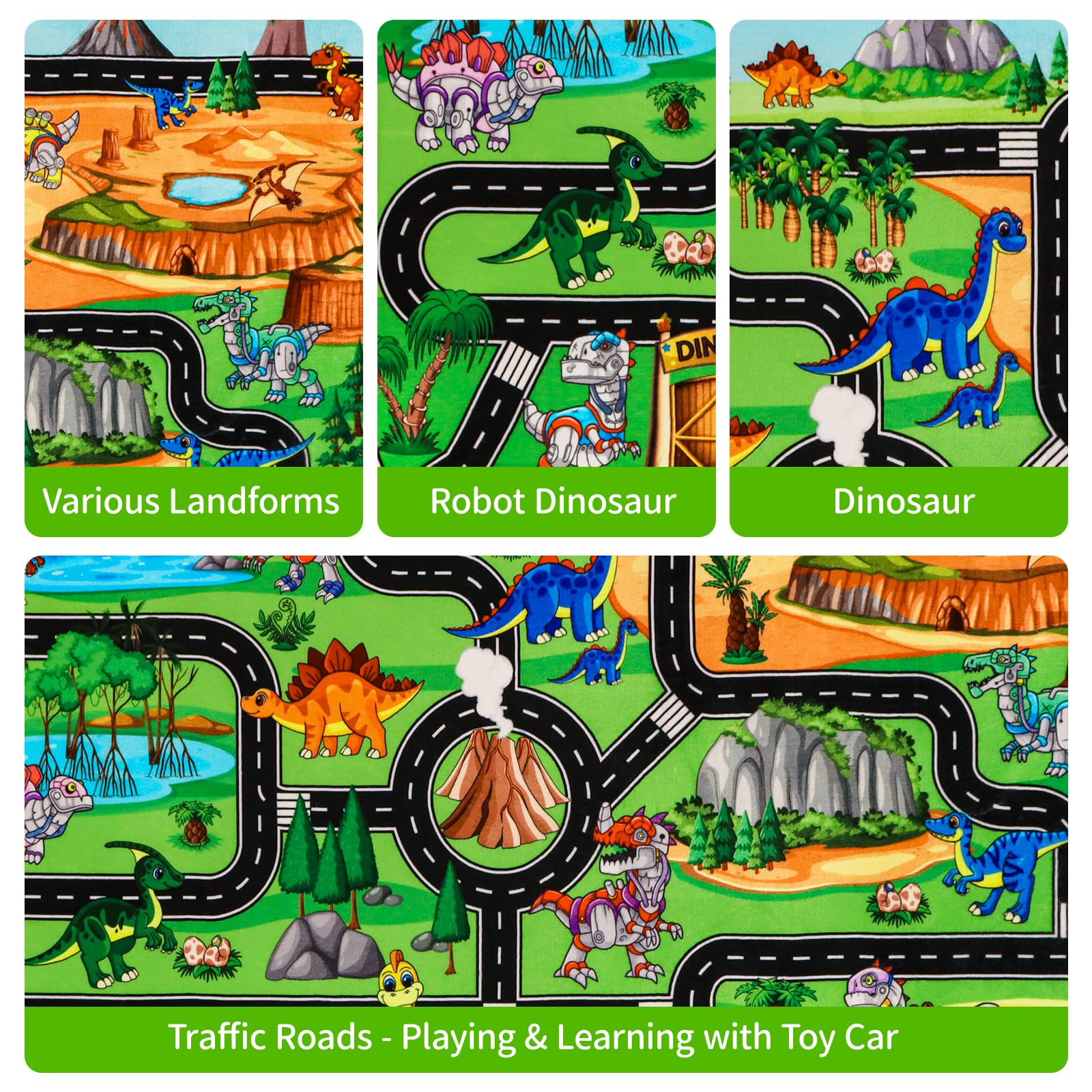Tapis de jeu pour enfants – Circuit routier, robots et dinosaures 200 × 150 CM Tapis sur le thème du Jurassique pour petites voitures – Idéal pour chambre d'enfant et salle de jeux