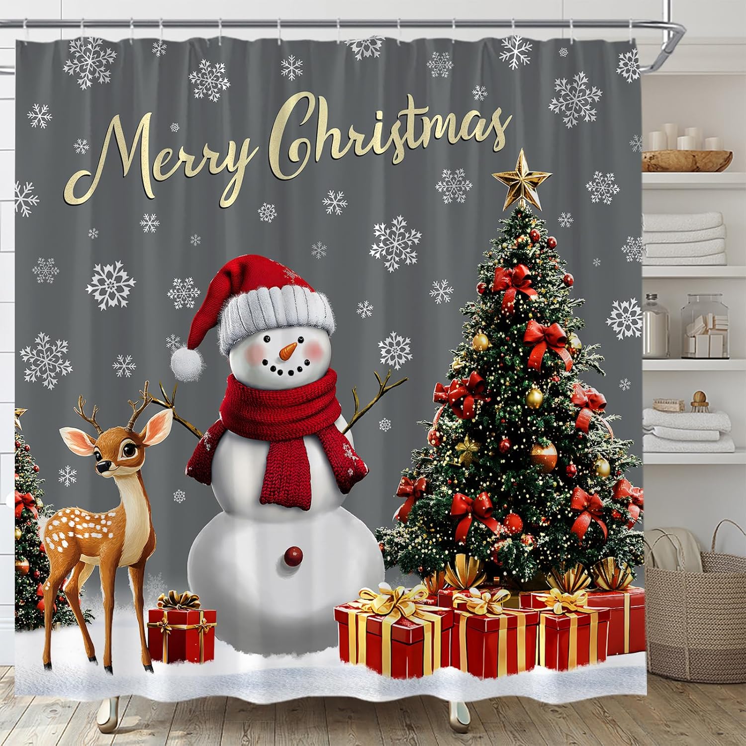 Christmas Snowman Shower Curtain Grey Xmas Trees Deer Winter Snowflake Snow Happy New Year Fabric Bathroom Home Decor with Hooks(70" Wx84 H)