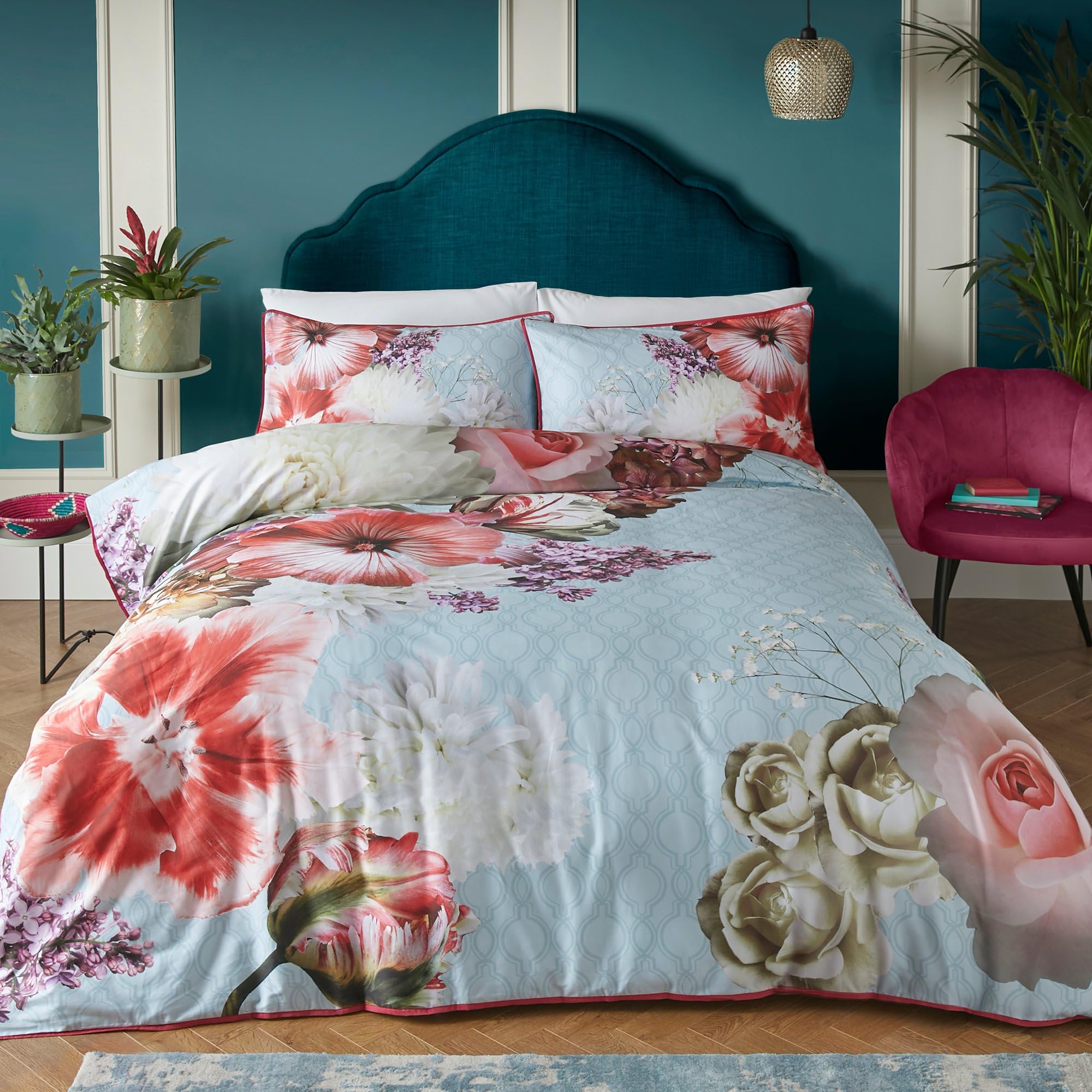Laurence Llewelyn-Bowen, Royal Floral Duvet Cover, Double Bedding Size (200 x 200cm), Soft 100% Cotton, 2 Pillowcases