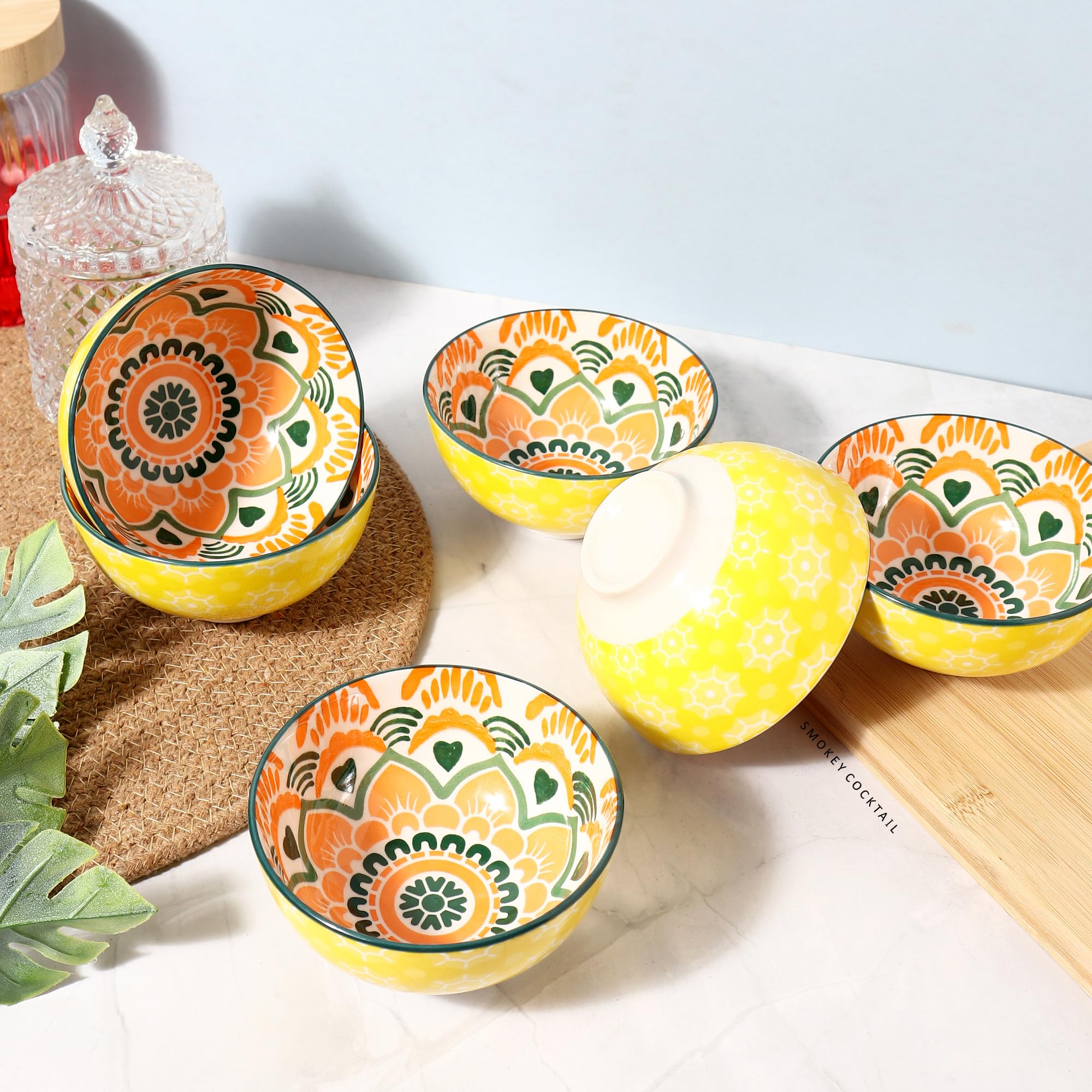 SMOKEY COCKTAIL Set of 6 Mandala Ceramic Bowls for Snacks, Noodles