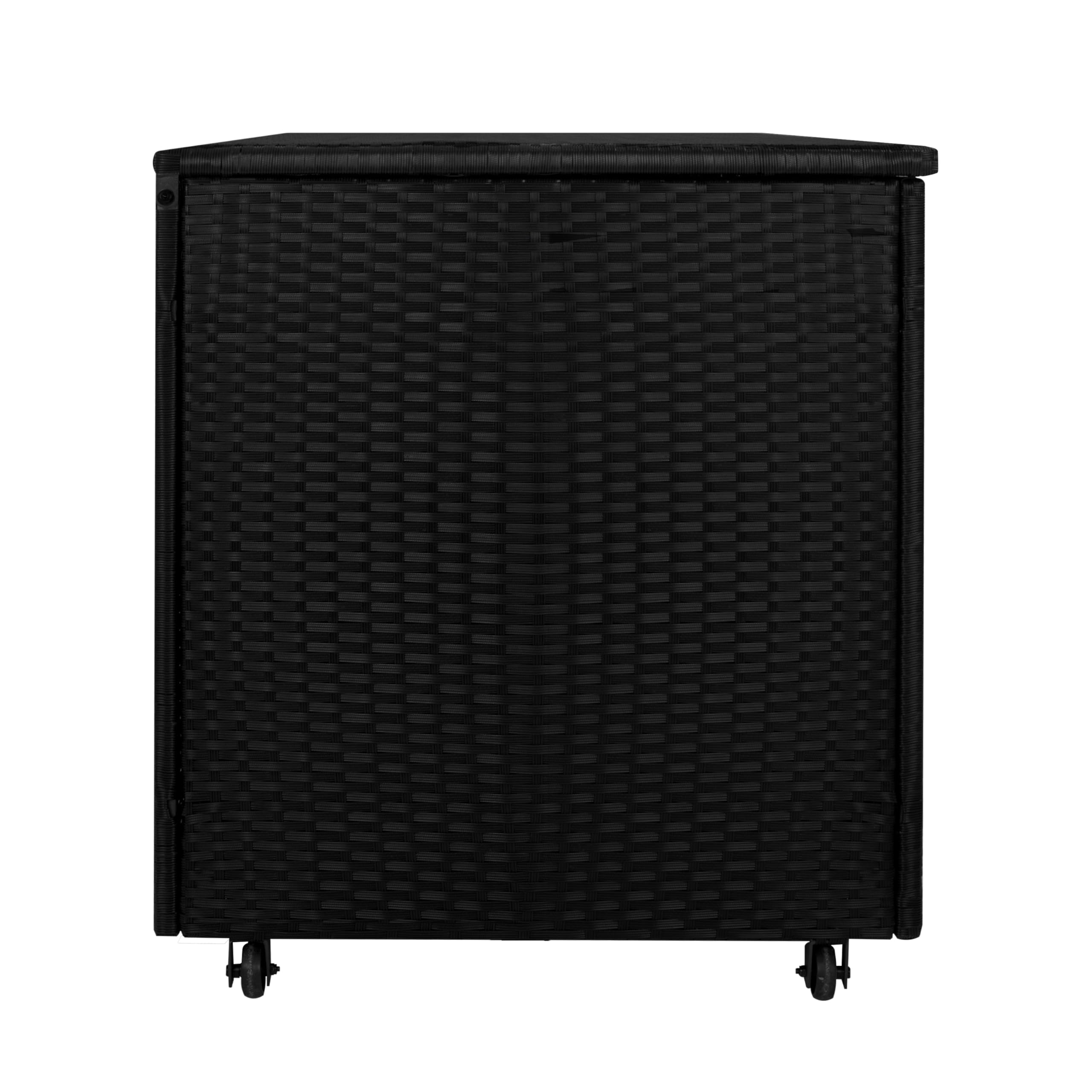 Coffre de Rangement Jardin Extérieur 700 L en Rotin Noir Résistant Aux Intempéries Doublure Zippée Rangement de Coussins Serviettes Jouets Meuble de Jardin Terrasse Cadre en Acier Verin en Gaz