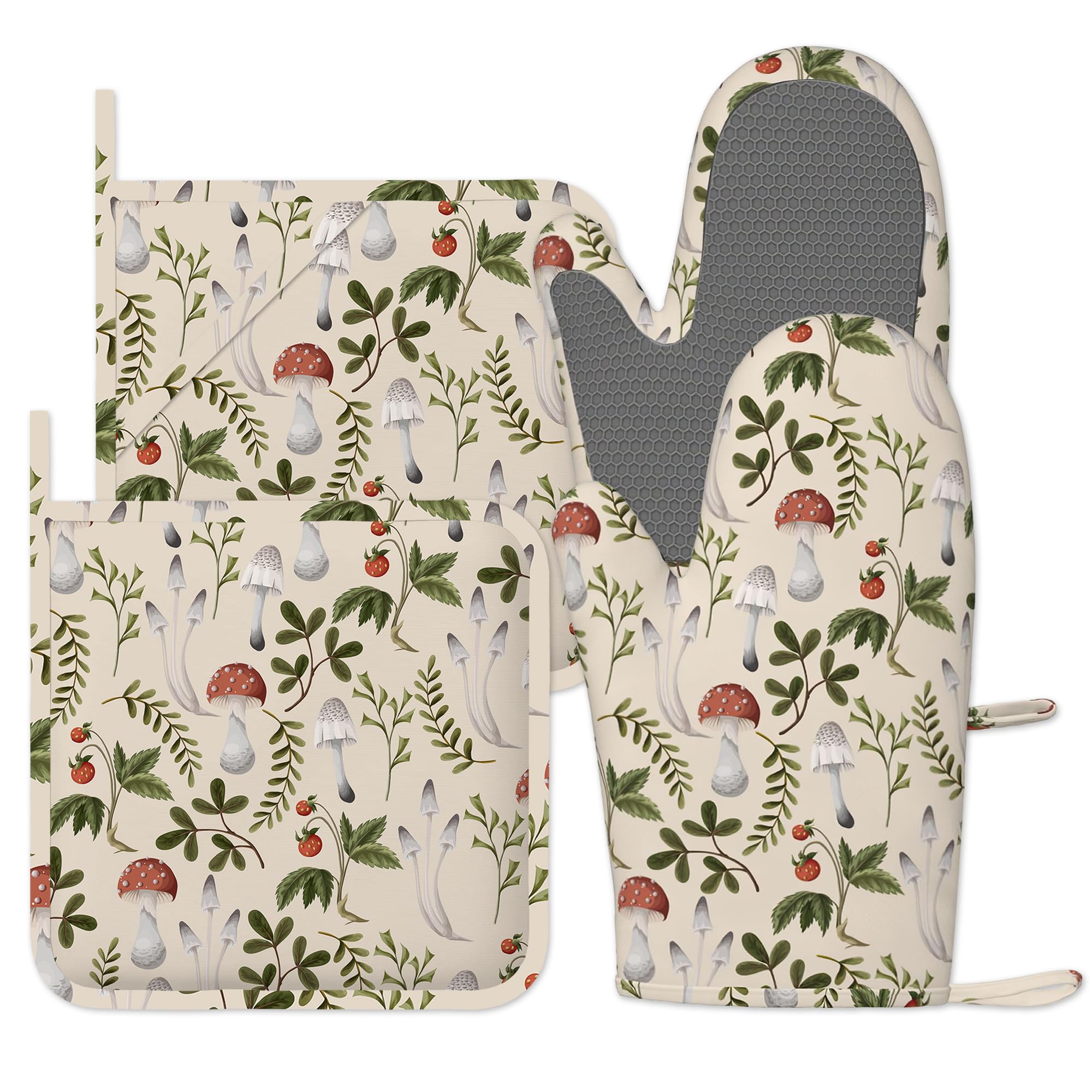 Oven Gloves Heat Resistant, Oven Mitts and Pot Holder Vintage Mushroom Strawberry Kitchen Non-Slip Silicone Cooking Microwave Gloves for Cooking Baking Grilling