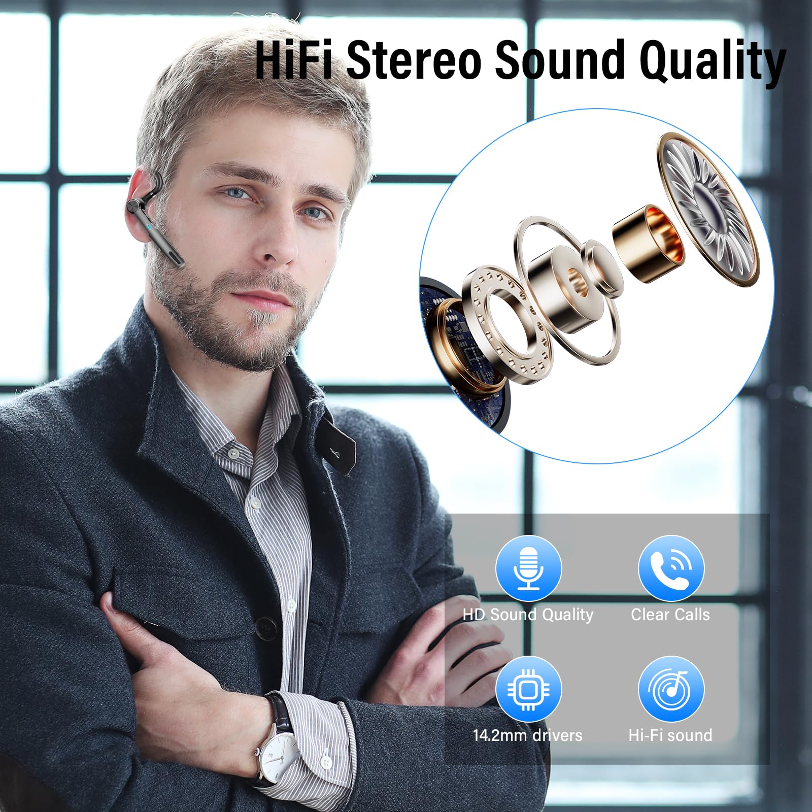 Bluetooth Headset V5.3 Wireless Earpiece with ENC Microphone - Dettaglio
