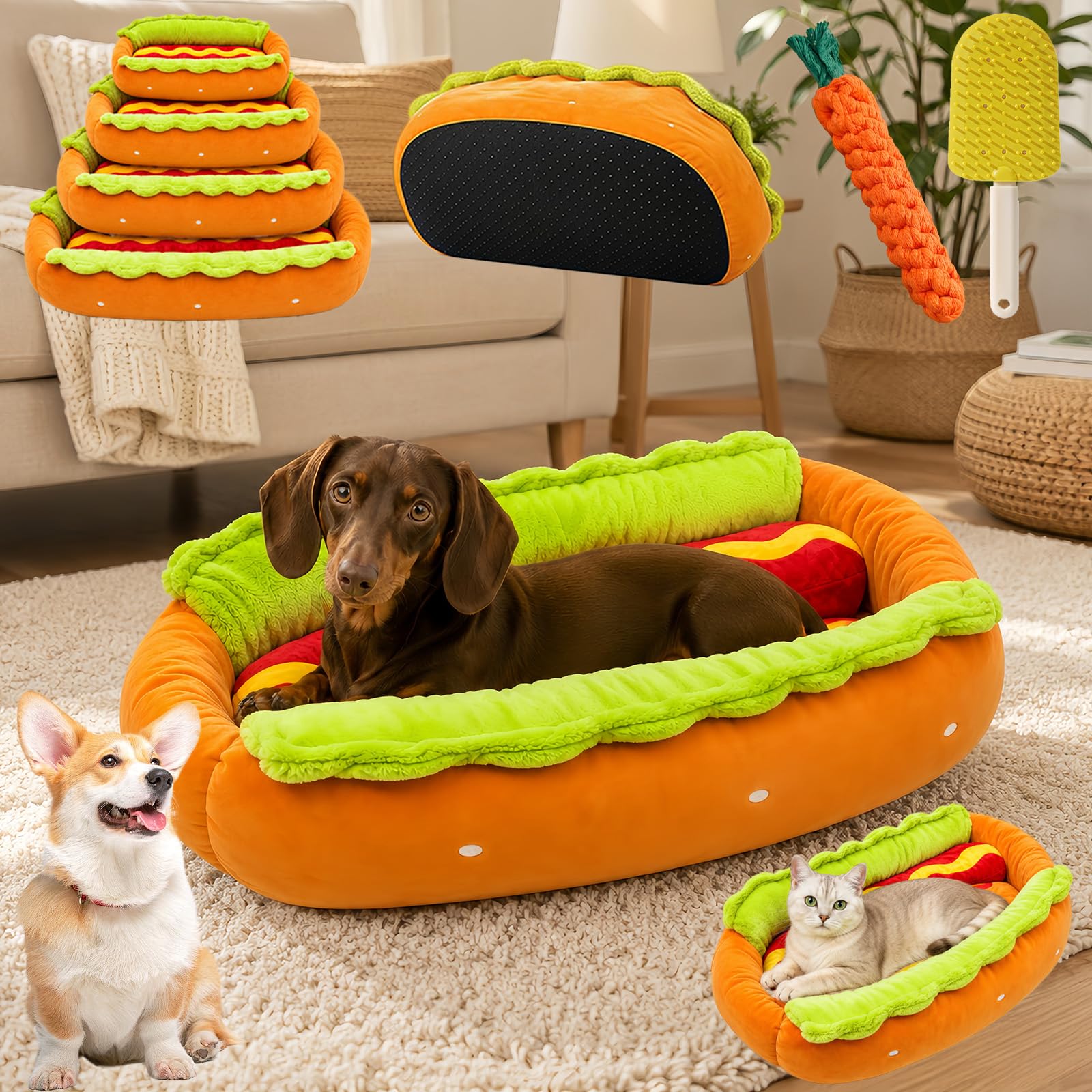 Hot Dog Bed for Dachshund - 2027 New Hot Dog Dog Bed, Cute Hotdog Bun dog bed, Plush Removable & Washable Pet Mat, Soft Indoor Pet Sofa Nest with Non-Slip Bottom for Puppies Small Bun Dogs Cats (XL)