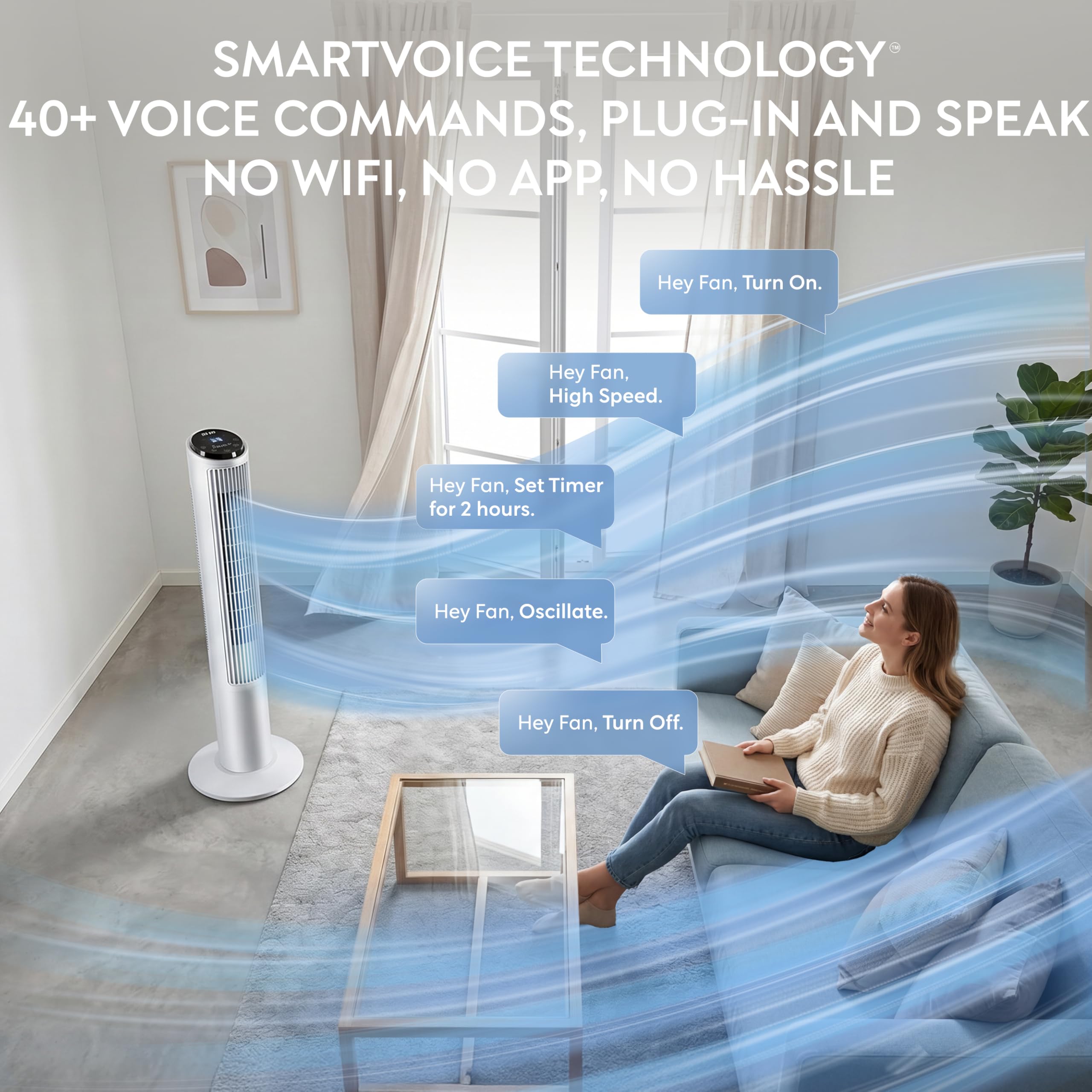 Air Pro 40" Tower Fan SmartVoice™ Control Oscillating Bladeless Fan with Remote - Tall Compact 3 Speeds Quiet 50W Motor Cooling Fan - Floor Standing Fan for Home Office - LED Display 15 Hour Timer