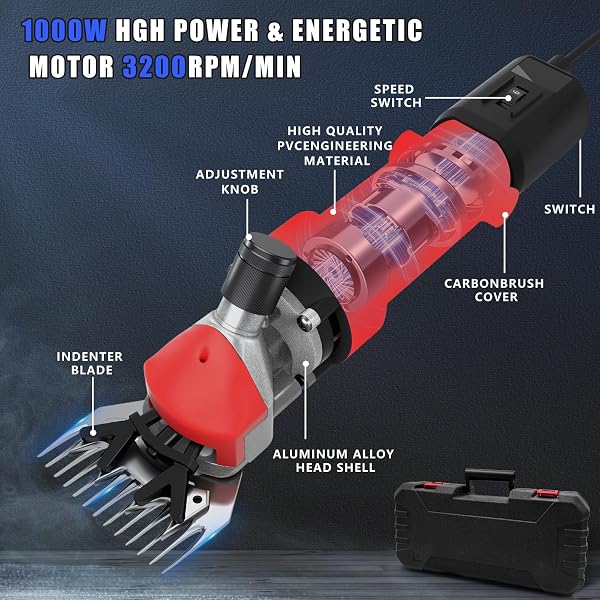 1000W Tondeuse Electrique Mouton,Tondeuse à Moutons Machine avec 6 Vitesses Réglables,Machine de Cisaillement Professionnelle pour Animaux Laine Chèvre,avec Étui de Transport (Rouge) - 5
