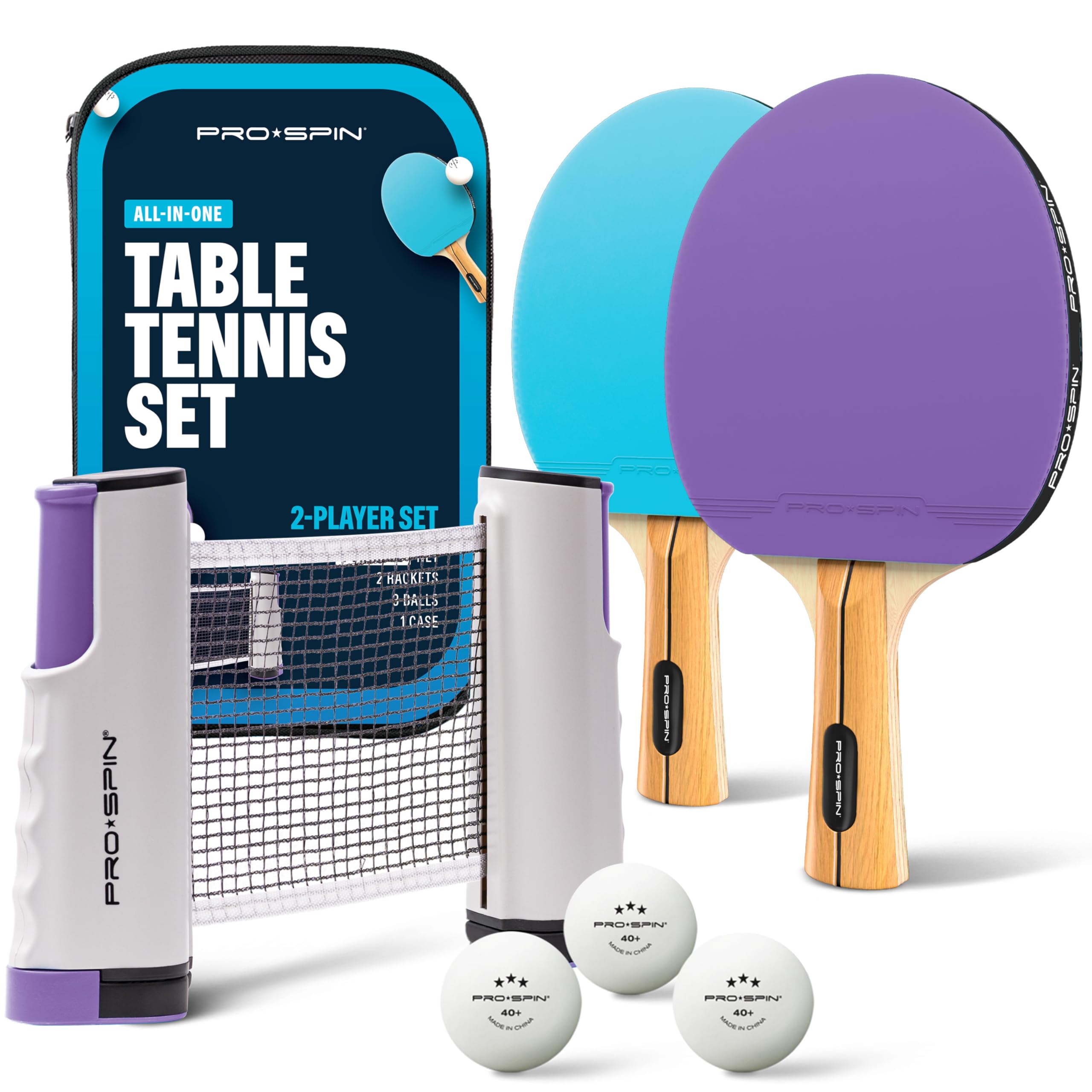 PRO-SPIN Portable Ping Pong Set with Retractable Ping Pong Net for Any Table, All-in-One Table Tennis Set with Ping Pong Paddles, Balls & Case, Table Top Family Game