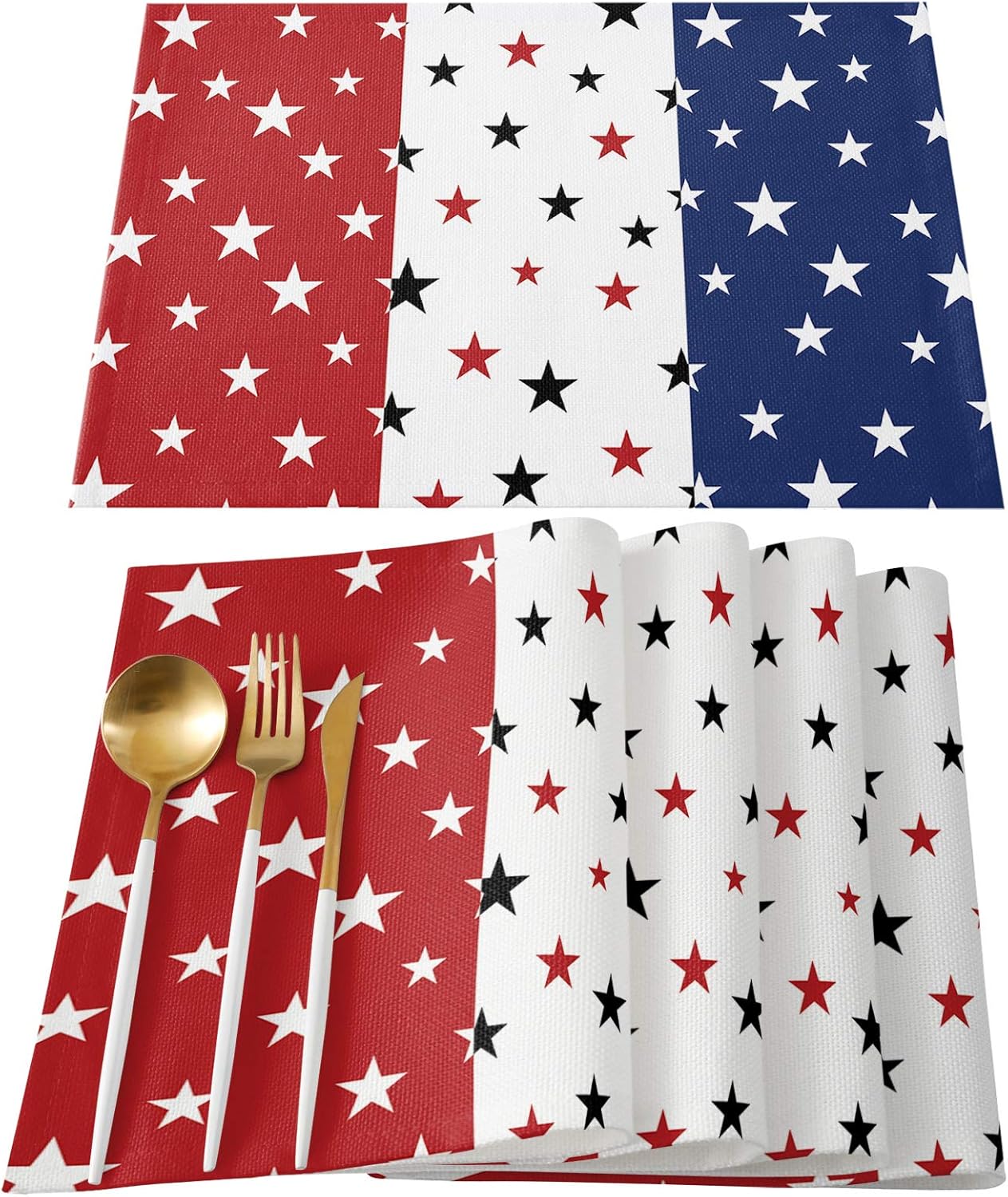 4th of July Placemats Set of 6, Independence Day Non-Skid Place mats, Red White Blue Stain-Resistant Table Mats, Washable Tablemats for Party/Dining Room/Kitchen Decorations
