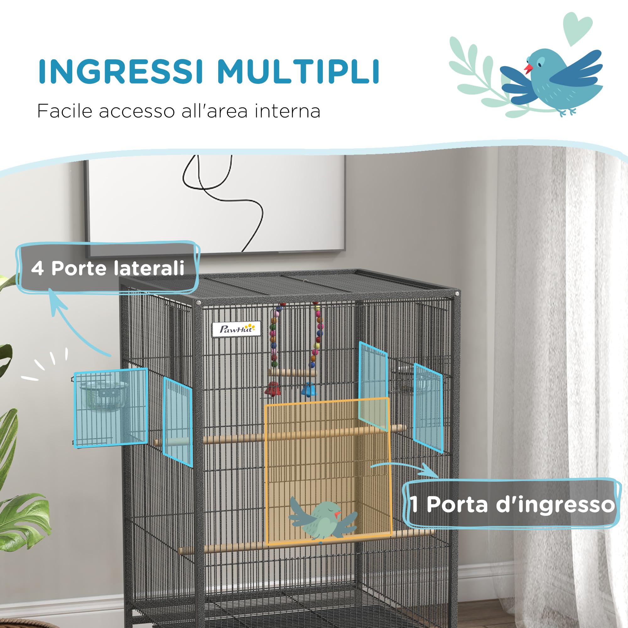 PawHut Gabbia per Uccelli in Acciaio e Plastica PP con 5 Porte, 2 Posatoi, Altalena e Vassoio Estraibile, 48x46x78 cm, Grigio