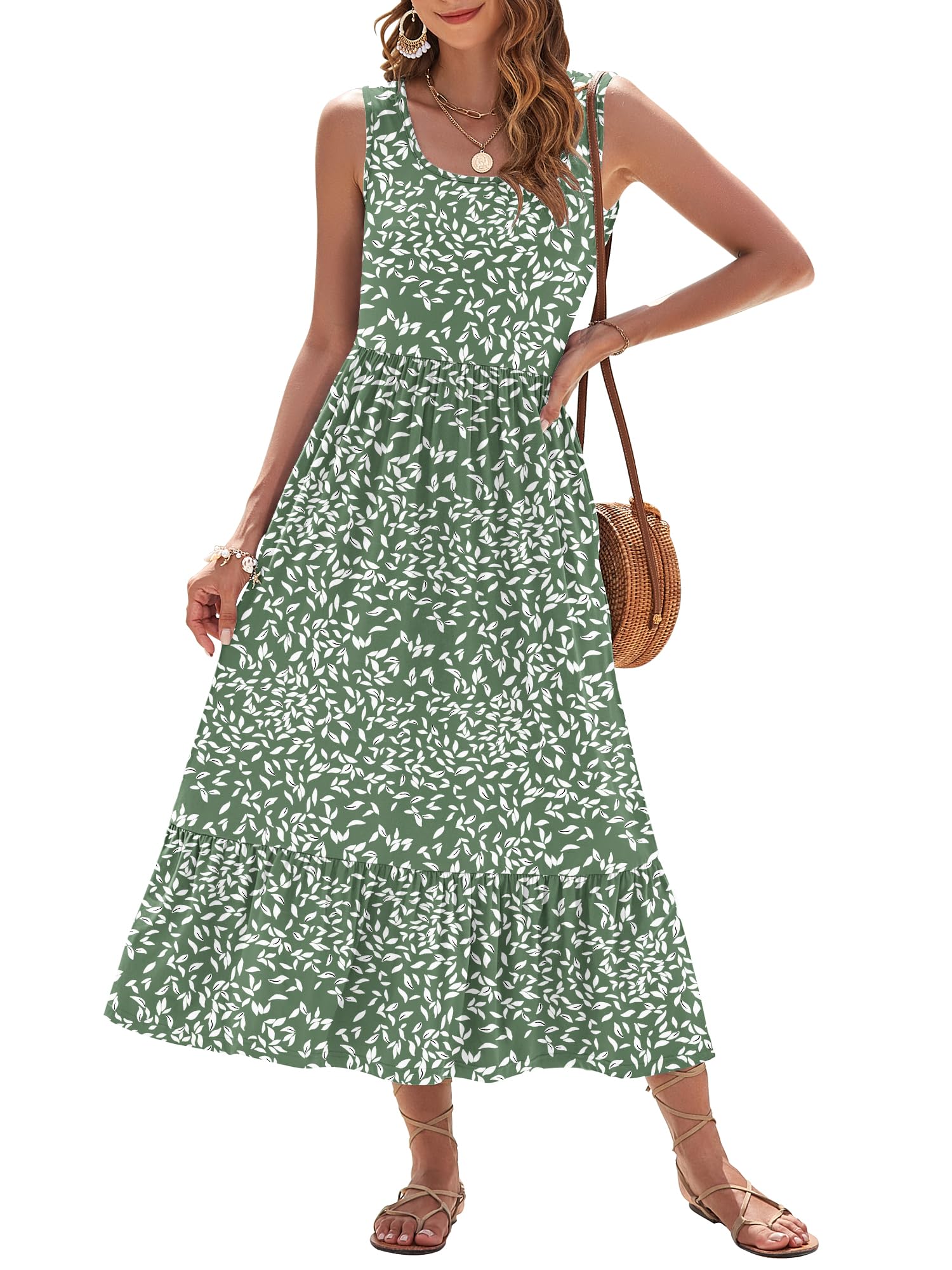 AUSELILY Womens Summer Dresses 2026 Sleeveless Maxi Dress Square Neck Casual Tiered Long Dress with Pockets