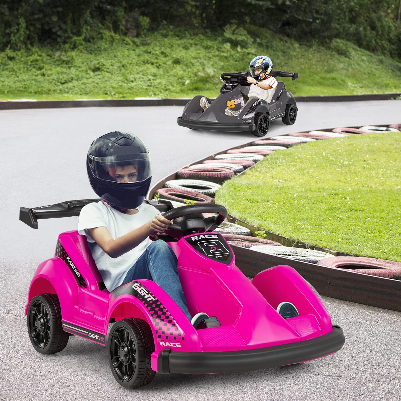 Costzon 6V Racer Go Kart with 2.4G Remote Control, Electric Kids Ride-on Toy with Safety Belt, Music, USB Port, Forward/Backward, 2MPH Max Speed, Battery Powered Go Kart for Kids 37-96 Months (Pink)