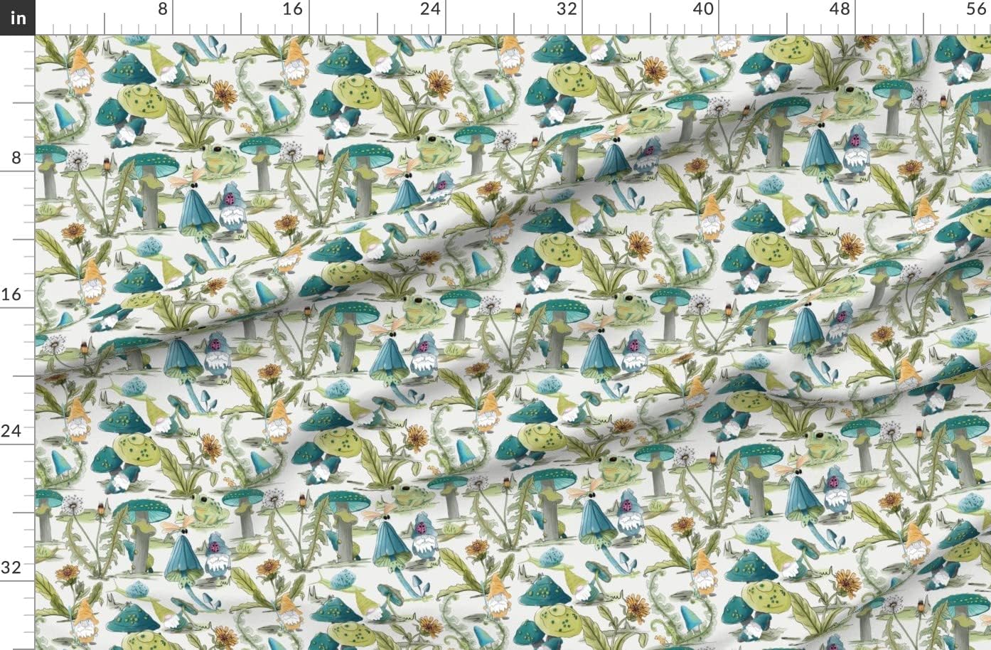 Spoonflower Fabric - Gnome Garden Green Blue Plants Kids Gnomes Printed on Organic Cotton Sateen Fabric by The Yard - Sewing Quilting Apparel Home Decor