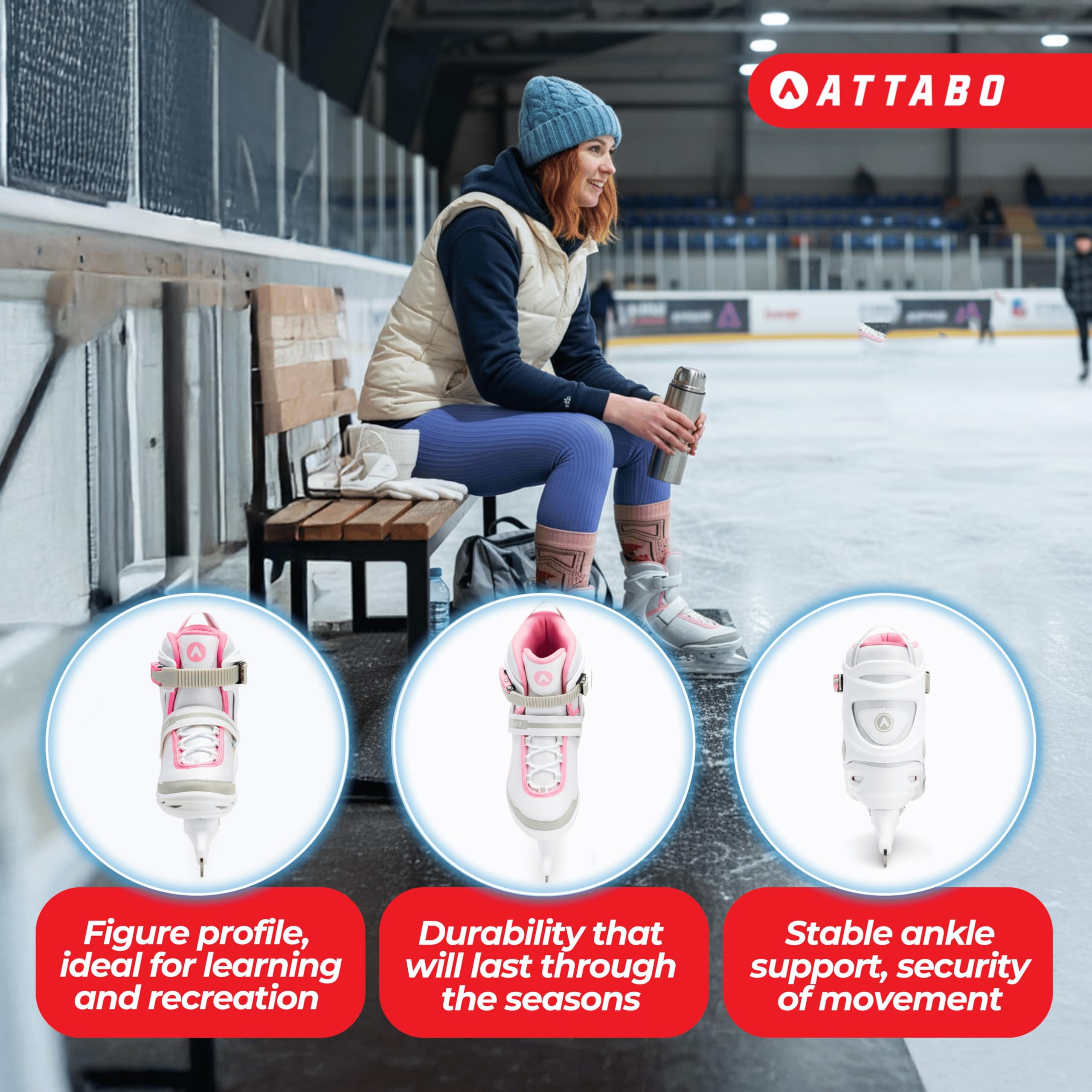 ATTABO Tora Patins à Glace pour Femme - Boucle et Fermeture - Support de Cheville Solide - Patins en Acier Inoxydable - Confort et sécurité pour Les débutants et Les confirmés - Design Classique