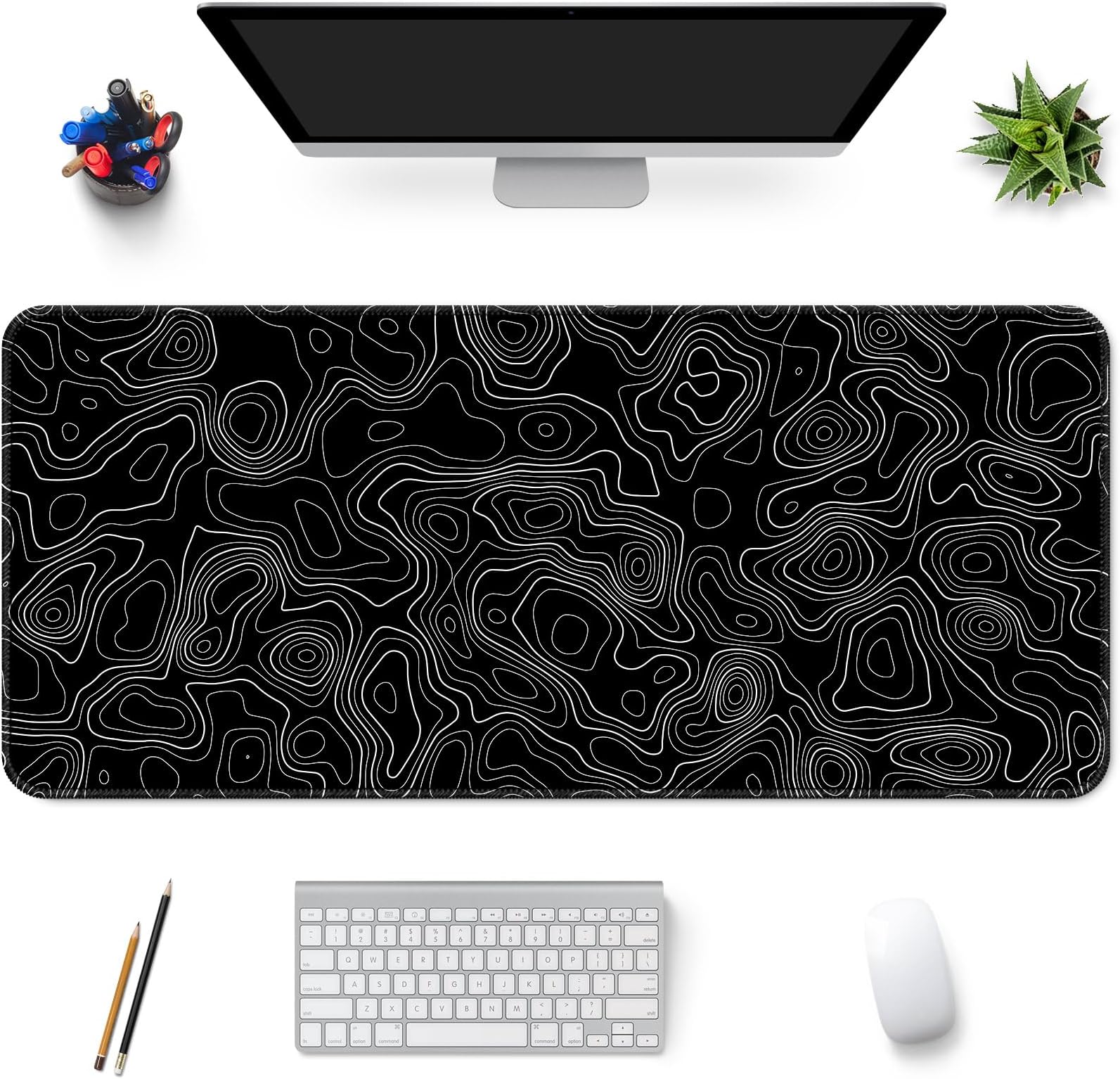 Desk Mat,Large Gaming Mouse Pad 35''×15.6'' XXL Extended Mouse Pad Mat Desk Pad with Non-Slip Base Mousepad for Computer,Office,Keyboard and Laptop - Topographic Black and White