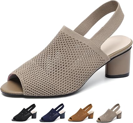 Womens Knit Peep Toe Chunky Block Heeled Sandals with Ankle Strap Fashion Hollow Pointed Toe Elastic Slingback Slip On High Heels Summer Casual Work Office Wedding Dressy Pumps