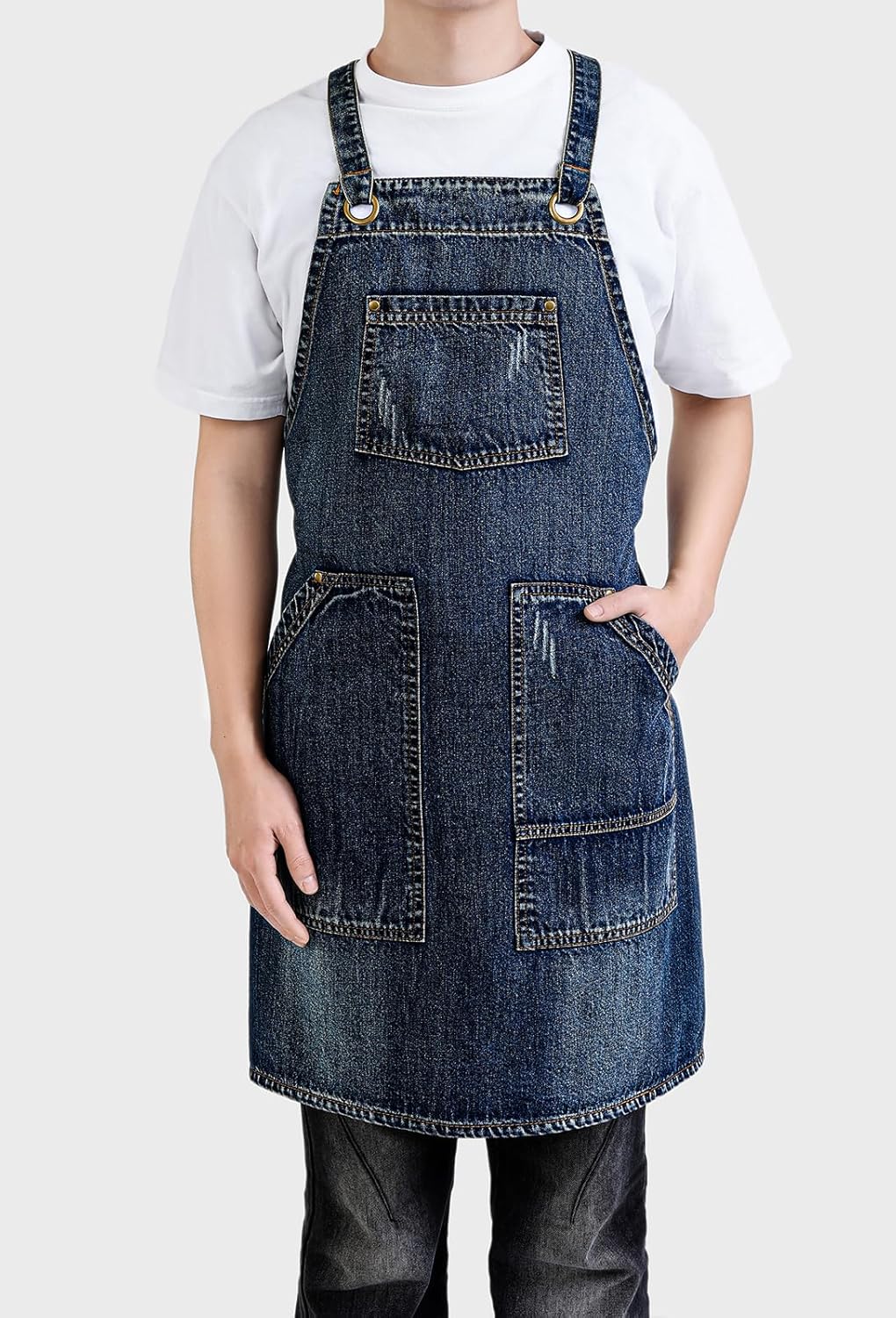 Cotton Denim Apron Soft - Unisex Adjustable Bib Apron with 5-Pockets Perfect for Kitchens - Image 2
