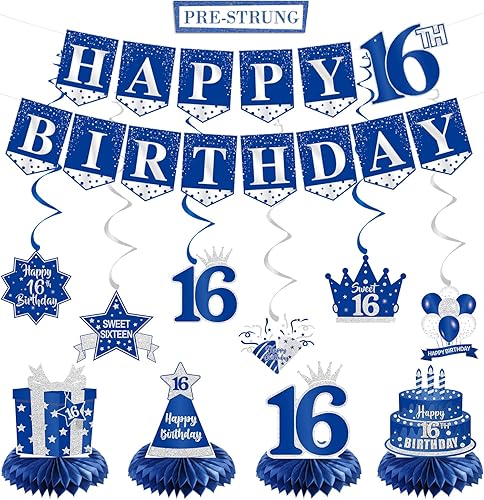 Miniatura 1 de PRE-STRUNG - Decoraciones de cumpleaños número 16 para niños y niñas, letrero de feliz cumpleaños 16 con diseño de espirales colgantes, kit de