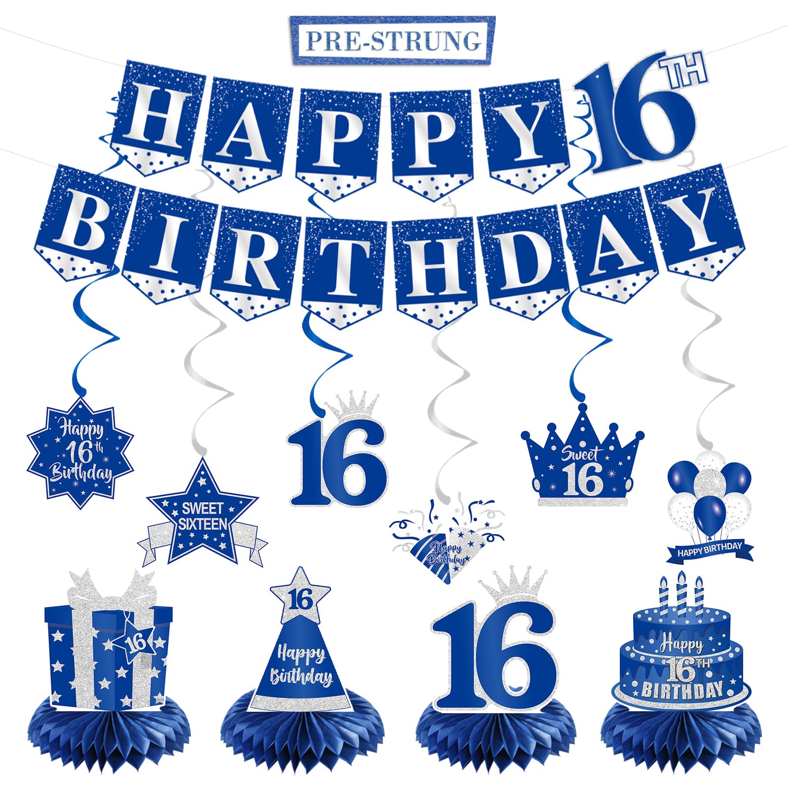 16pcs Blue Birthday Decorations With Banner, Honeycomb Balls