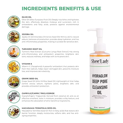 Shee'lady Hydraglow Deep Pore Cleansing Oil, limpiador facial en aceite – Best Cleansing Oil for Face, Blackhead & Makeup Remover Korean Skin Care, 6.76 fl oz (200ml)