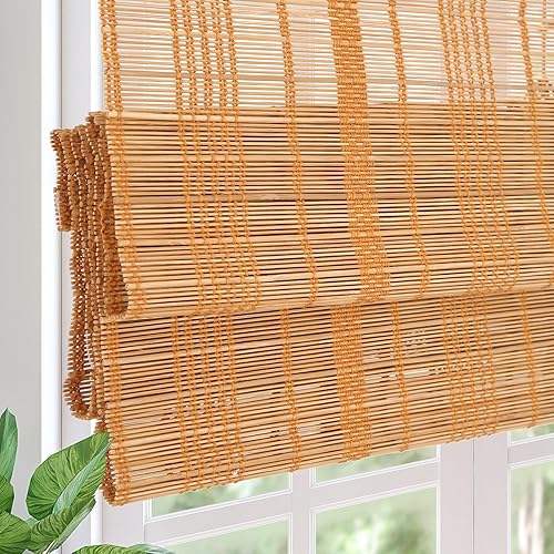 Persianas romanas de bambú opacas inalámbricas, de fácil control, de madera tejida natural, persianas de bambú con forro de gran privacidad, color