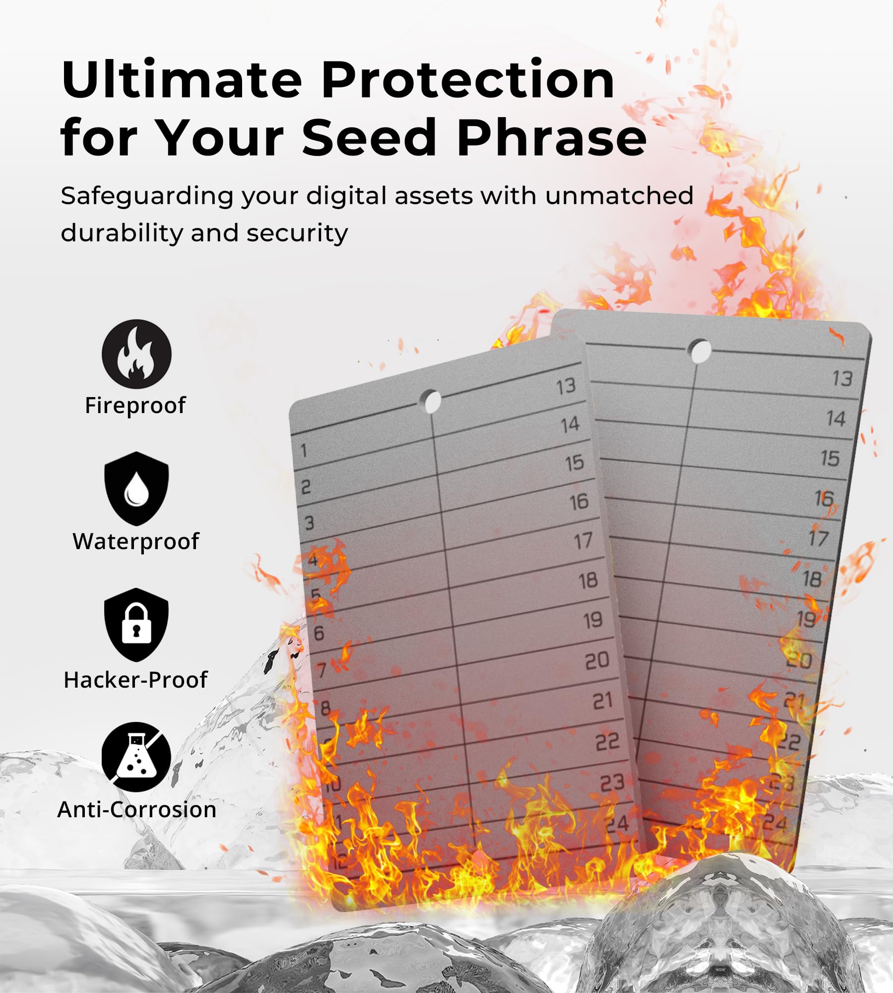 CREVIK 2-Pack Titanium Seed Phrase Storage Plate – Fireproof, Waterproof, Corrosion-Proof Cold Wallet Backup For 12-24 Word BIP39 Crypto Wallets – Compatible With Ledger, Trezor, Metamask